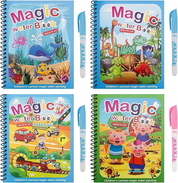 Water Colouring Books,4 Pieces Magic Water Drawing Book Magic Painting Books Set Water Doodle Book for Children Coloring Book for Toddler Reusable Drawing Book with Pen for Kid Toddlers Boys Girls