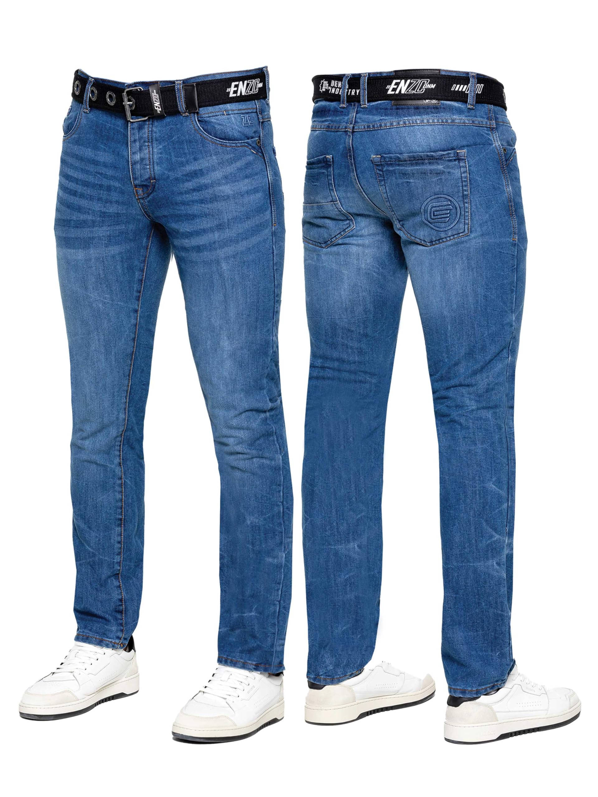 989Zé Enzo Men's Mid Blue Jeans Classic Straight Leg Casual Cotton Regular Fit Denim Pants Free Belt Ez384 38W / 34L