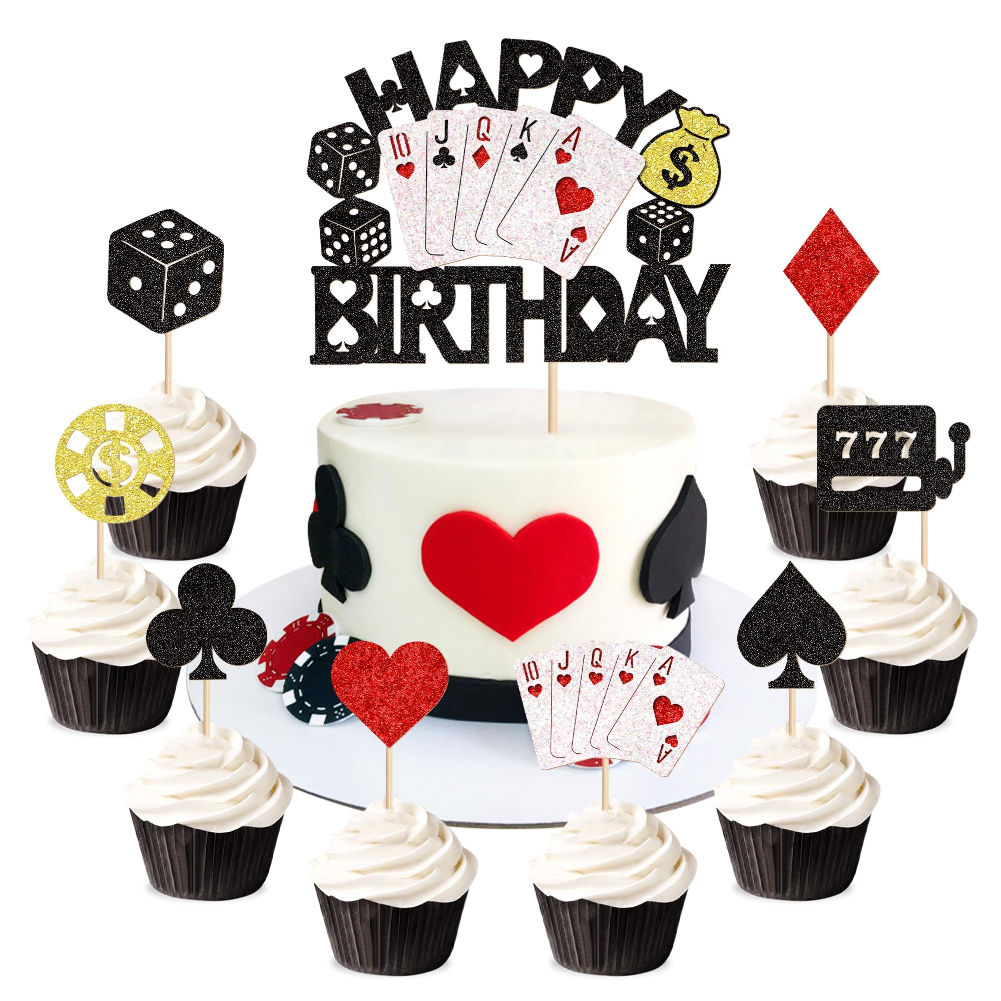 Pack of 25 Casino Cake Toppers, Poker Cake Toppers with Poker Cards, Dice and Money Bags, Casino Theme Birthday Party Decorations, Poker Night Party Supplies — image 1