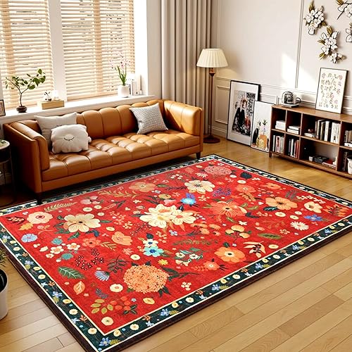 Terrug Floral Washable Area Rug for Bedroom, 4x6 Red Christmas