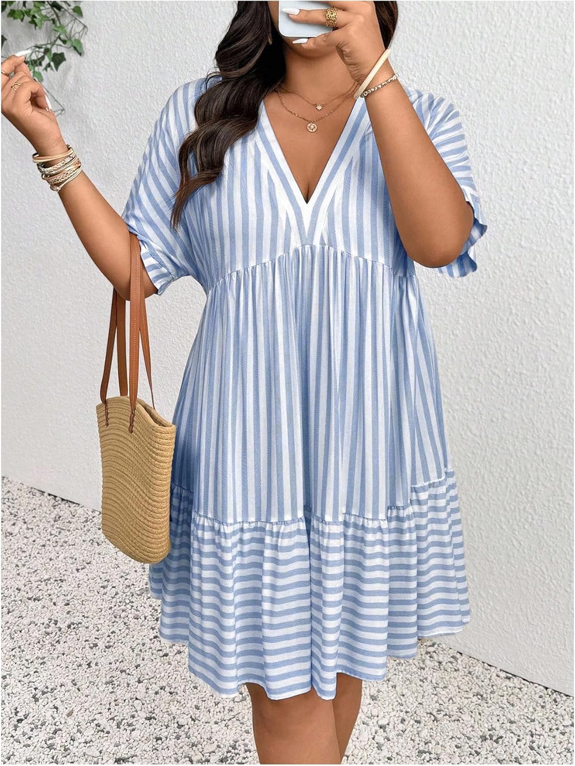 SOLY HUX Women's Plus Size Striped Ruffle Dress Summer Deep V Neck Half Sleeve Flowy Babydoll Dresses - Image 5
