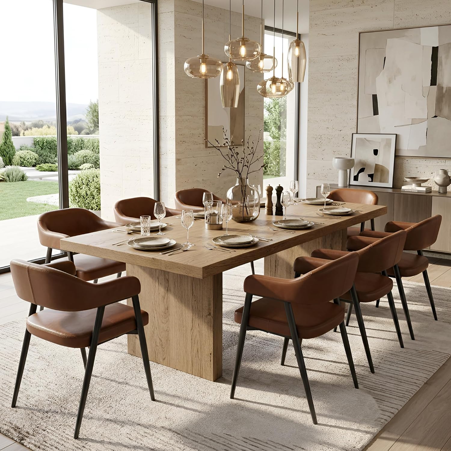 Wahson Brown Leather Dining Chairs Set of 6 with Black Metal Legs, Mid Century Modern Kitchen Chairs with Curved Backrest, Accent Low Back Armset Chairs for Dining Room/Kitchen/Bar