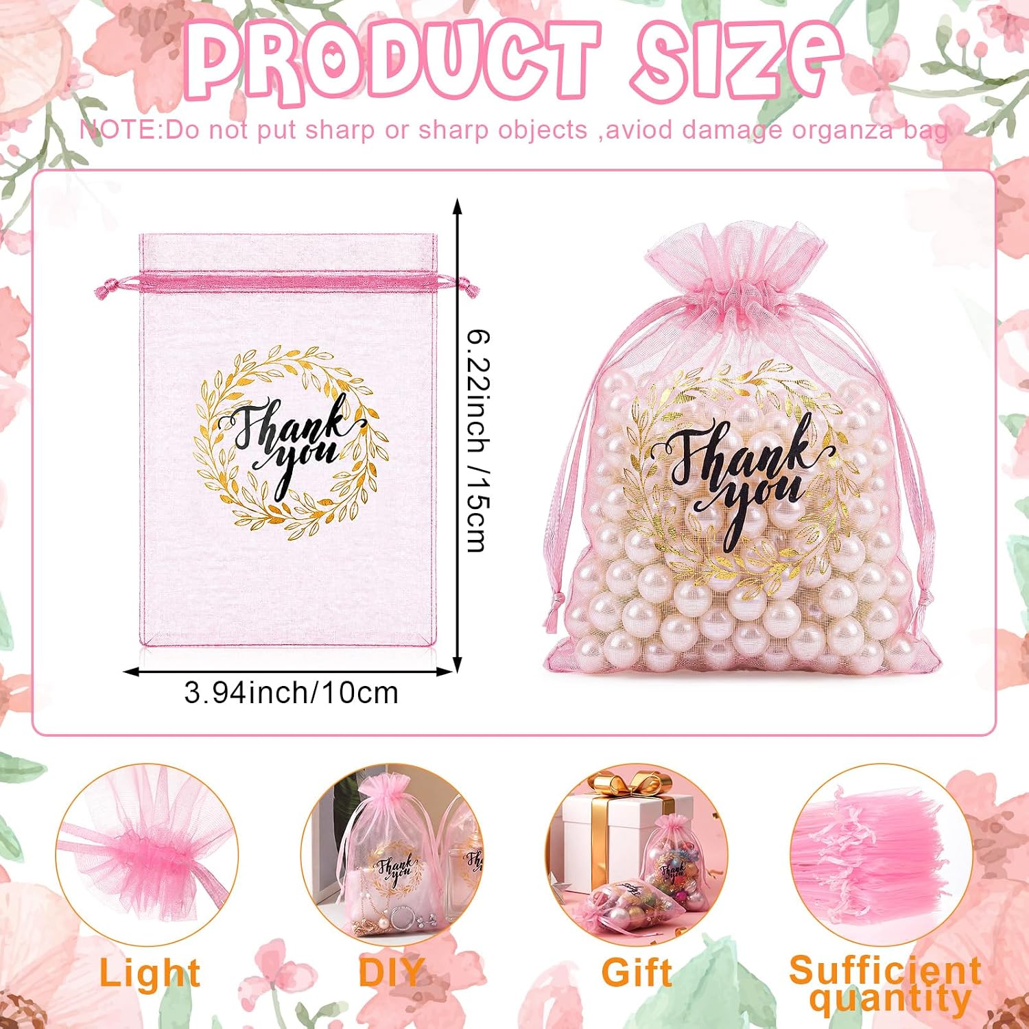 Shappy 100 Pcs 4x6 Inch Pink Organza Bags, Thank You Drawstring Gift Bags image 2