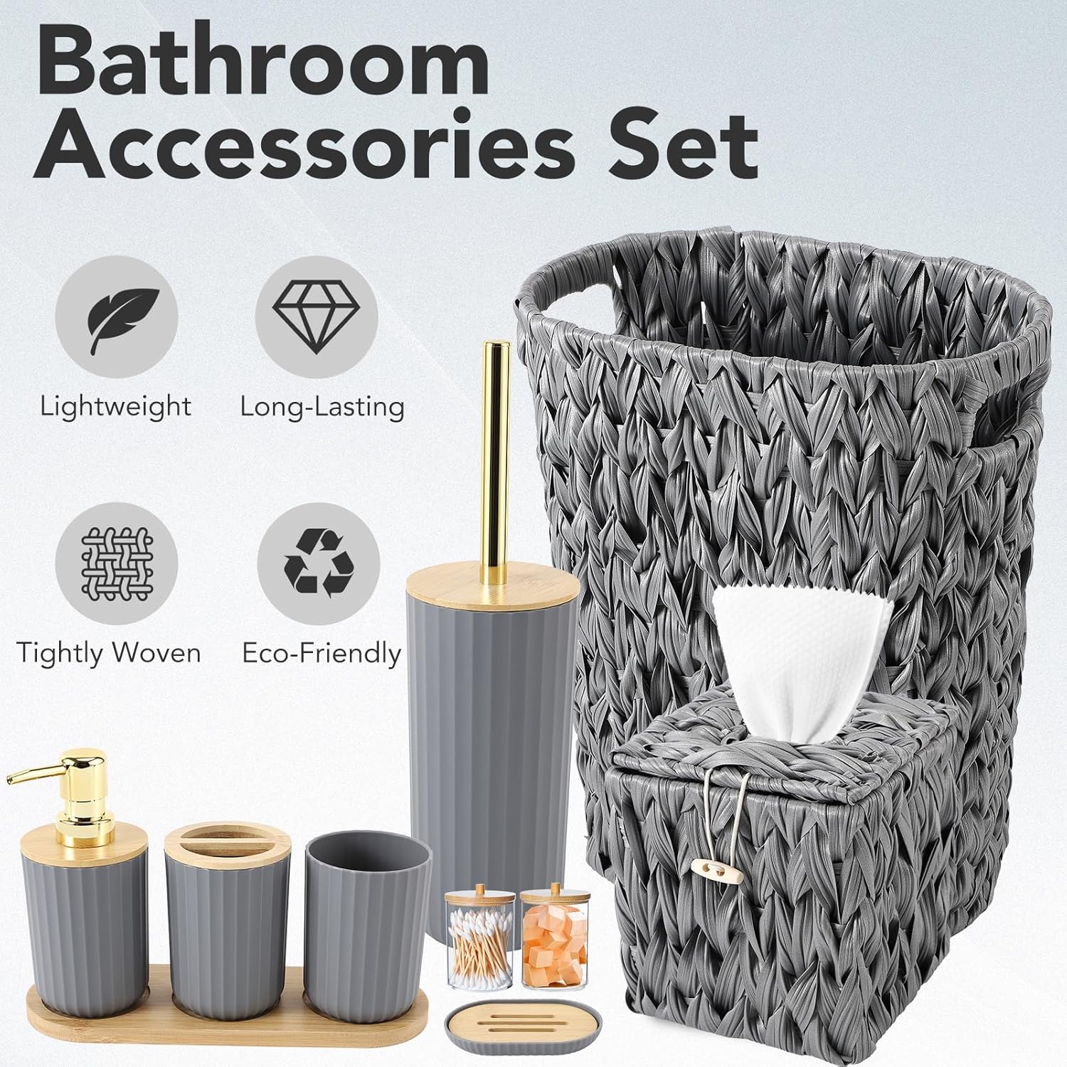 Bathroom Accessory Set, 10 Pieces Bath Set- Wicker Trash Can Tissue Box Soap Dish Toothbrush Holder Rinse Cup Lotion Bottle Toilet Brush Qtip Holder - Practical Bathroom Decor Sets (Grey, Bath Set)
