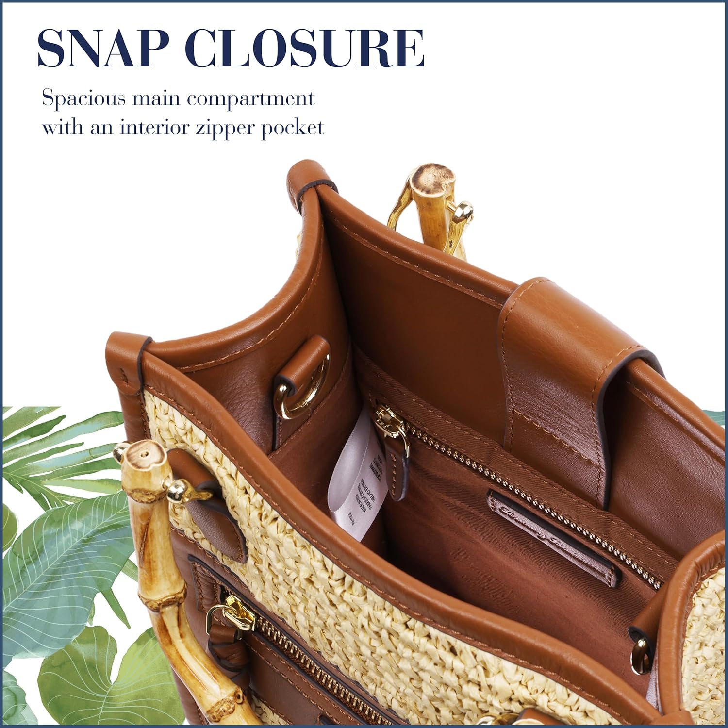Tommy Bahama Raffia Tote Bag with Bamboo Handle, Structured Summer Handbag with Crossbody Strap, Beach and Resort Purse, Cognac and Natural