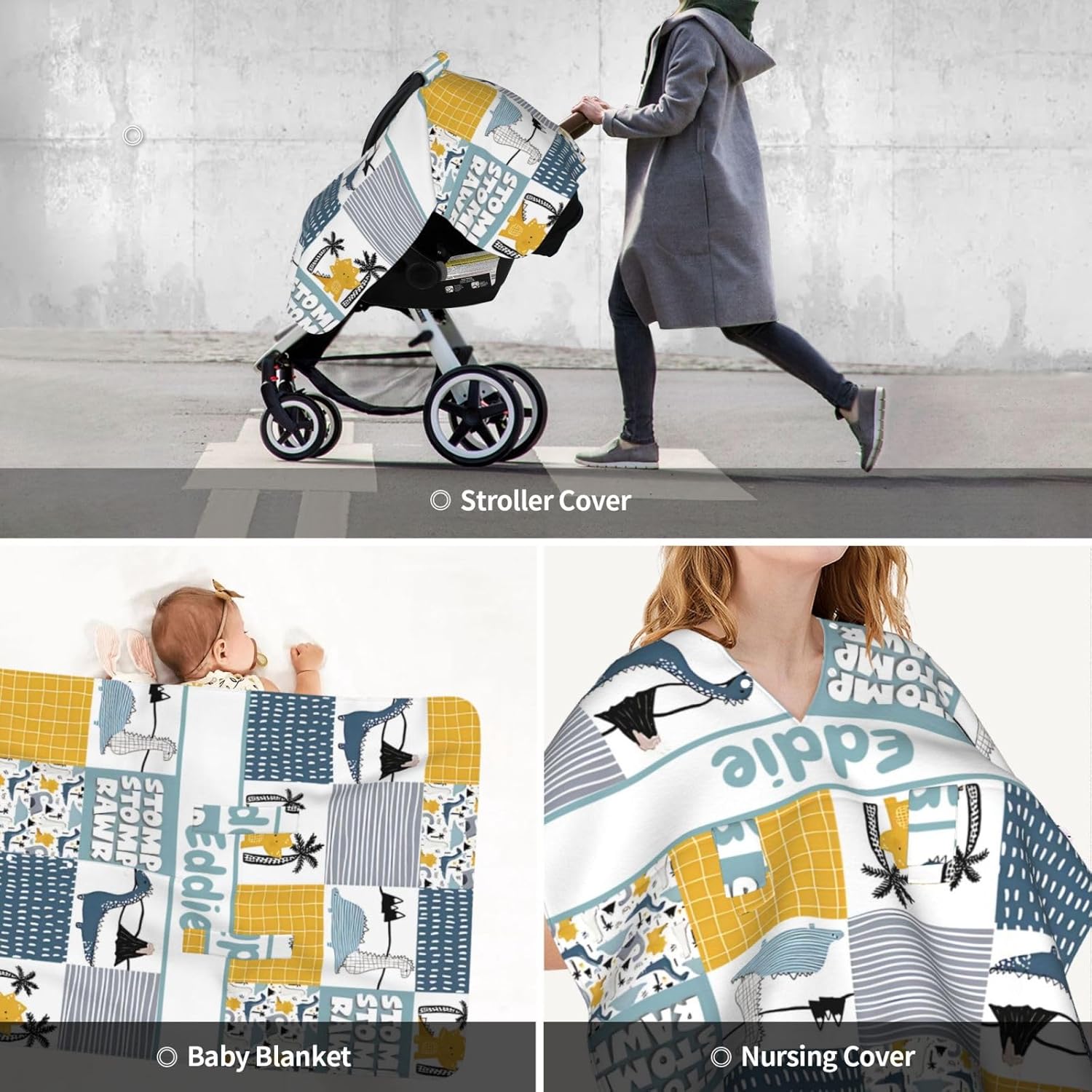 Personalized Baby Car Seat Canopy for Babies with Name, Custom Name Car Seat Covers for Boys Girls, Dinosaur Opening Minky Nursing Breastfeeding Stroller Cover Infant Carseat Canopies for Newborn