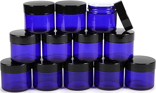 Vivaplex 12 azul cobalto 2 onzas tarros de cristal redondos con revestimientos interiores y tapas negras