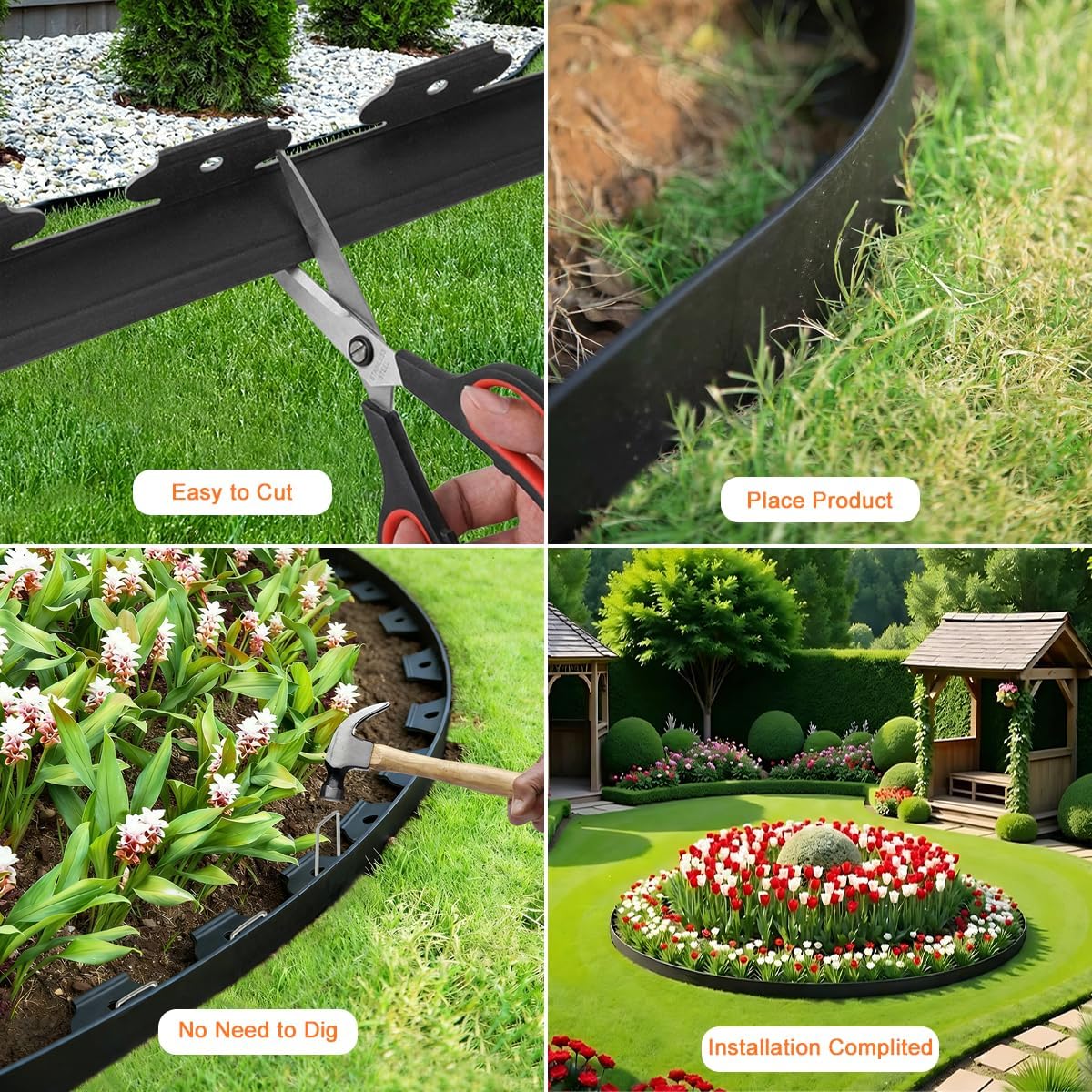 Landscape Edging 3IN x 49FT, Plastic Garden Edging Border Kit Flexible Edging for Landscaping with 75pcs Metal Spikes, Tool-Free Lawn Edging for Flowerbeds, Yard, Paving, Pathway