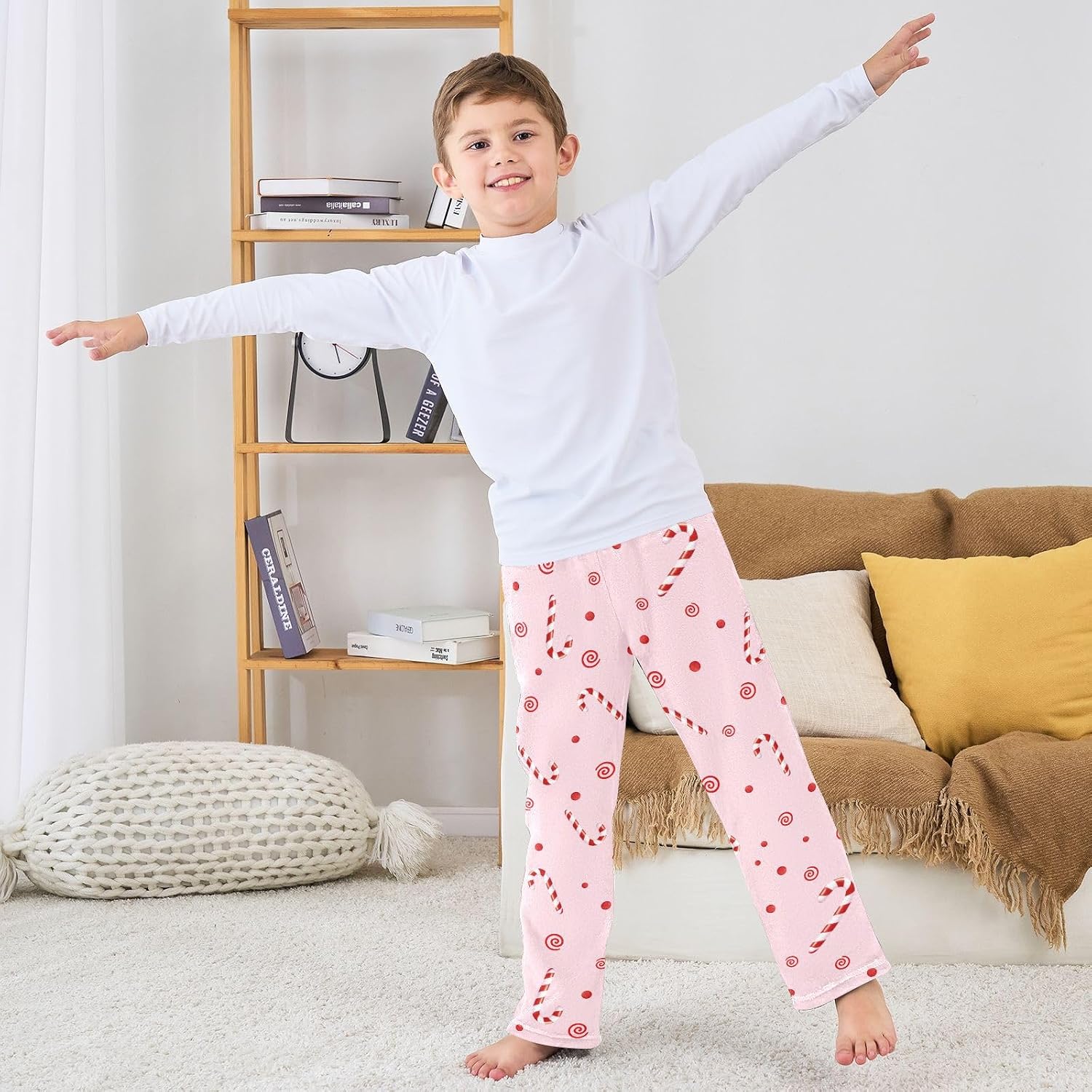 visesunny Christmas Candy Cane Pattern Boys Pants for Kids Fleece Bottoms Long Jogger Pants Trousers with Pockets Size 6-14Y
