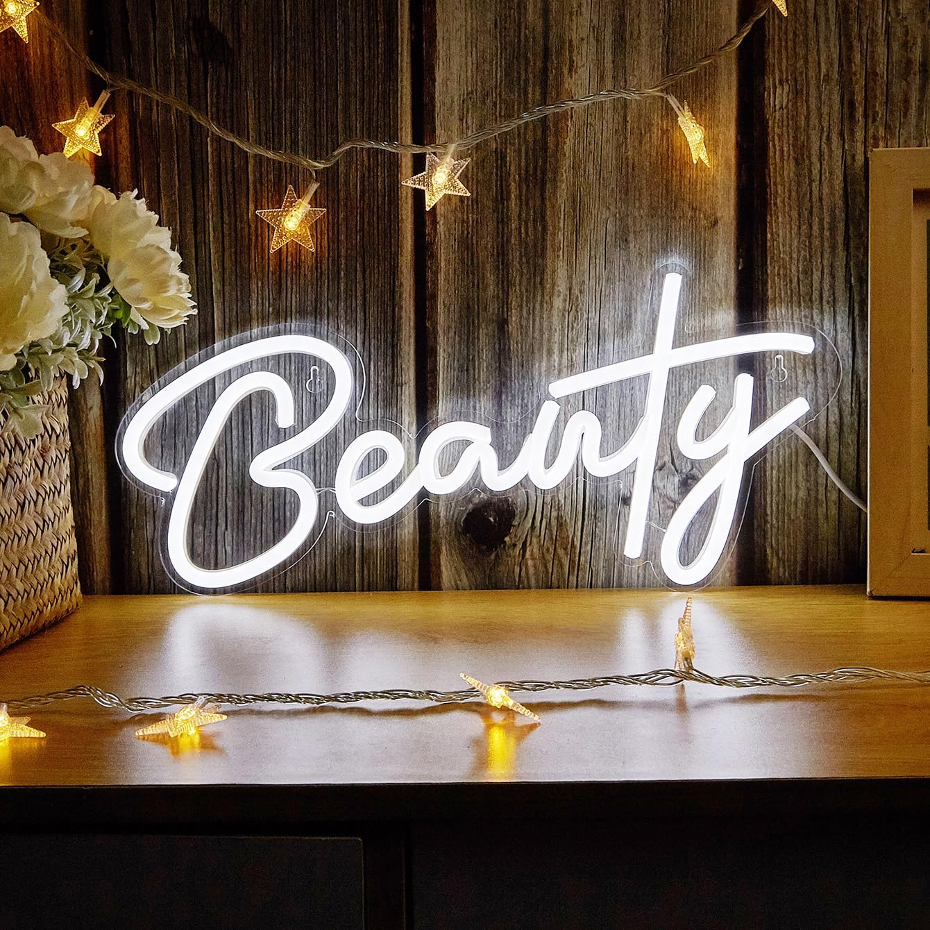 Beauty LED Neon Sign Letter Neon Lights for Bedroom USB Powered Wall Mounted Neon Signs For Room 3D Wall Art Wedding Party Living Room Decorative Lighting Girls Gift (White)