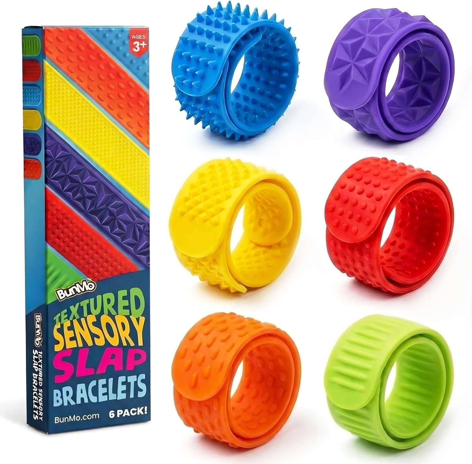 BUNMO Textured Sensory Slap Bracelets for Kids, 6 Pack – Silicone Fidget Bracelets for Boys and Girls, Wearable Sensory Bracelet Toy for Everyday Play, Ages 3+