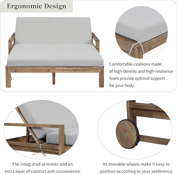LUMISOL Outdoor Patio Daybed with Movable Wheels, Wooden Farmhouse Sunbed with Cushions, Outdoor Furniture Seating 2 People for Poolside Lawn Backyard, Grey