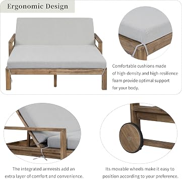 LUMISOL Outdoor Patio Daybed with Movable Wheels, Wooden Farmhouse Sunbed with Cushions, Outdoor Furniture Seating 2 People for Poolside Lawn Backyard, Grey