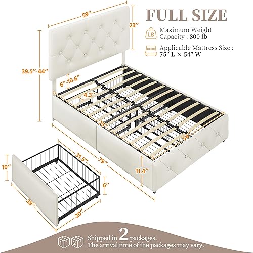 Miniatura 20 de Yaheetech Base de cama Queen tapizada con cabecera ajustable con botones de diamante, 3 cajones de almacenamiento, cama de plataforma queen/listones