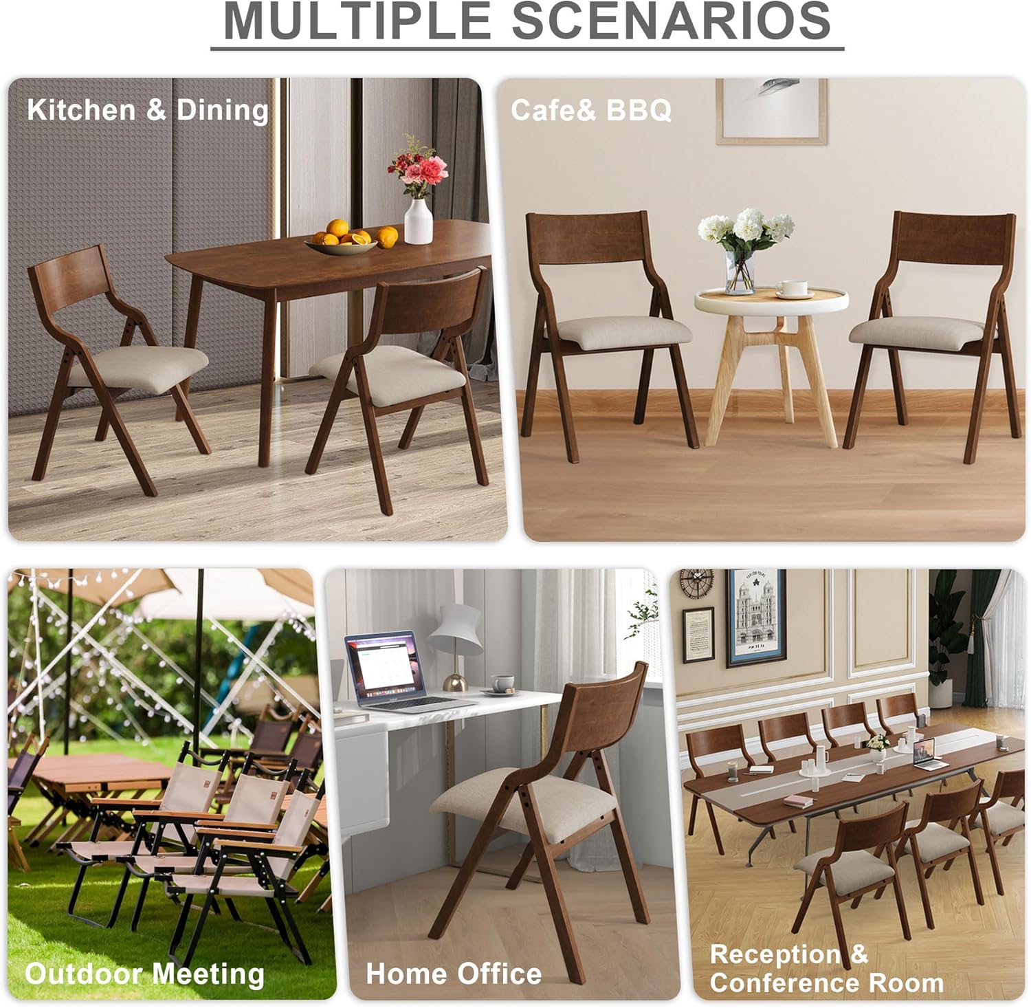 Ball & Cast Folding Dining Chairs Set of 2,Portable Kitchen Chairs with Padded Cushions,Ergonomical Design,Foldable Wood Dining Chairs for Dining Room,Restaurant,Kitchen,Office,Indoor,Taupe+Walnut