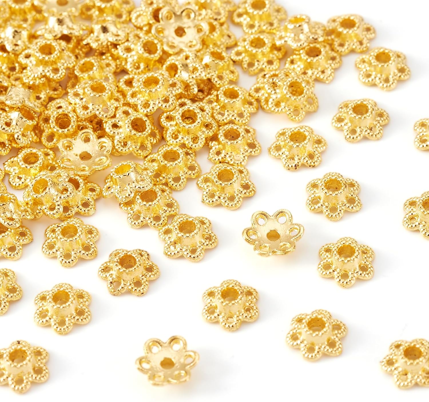 Elecrelive 100Pcs Flower Bead Cap Golden Filigree Flower Cup Spacer Beads 6.5x2mm Metal Bails End Charm Tibetan Style End Caps for Necklace Bracelet Earring Jewelry Supplies