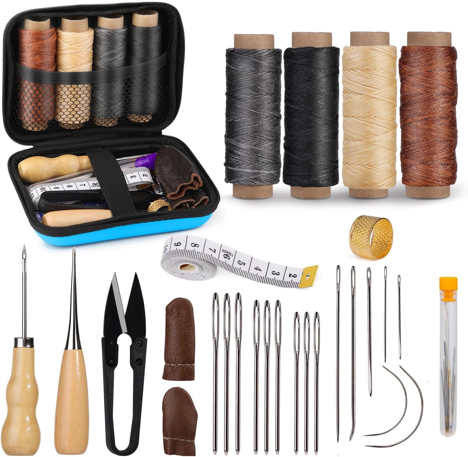 BIGTHREE Leather Sewing Kit, Leather Working Tools and Supplies, with Large-Eye Stitching Needles, Waxed Thread, Leathers Upholstery Repair Kits for DIY L-eather Craft