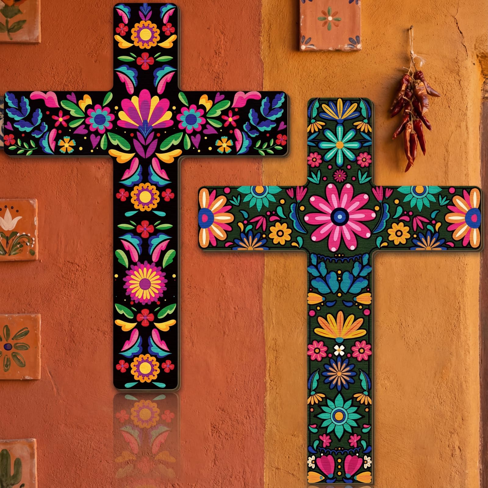 Pinkunn 2 Pcs Day of The Dead Wall Decor, 21 Inch Dia De Los Muertos Cross