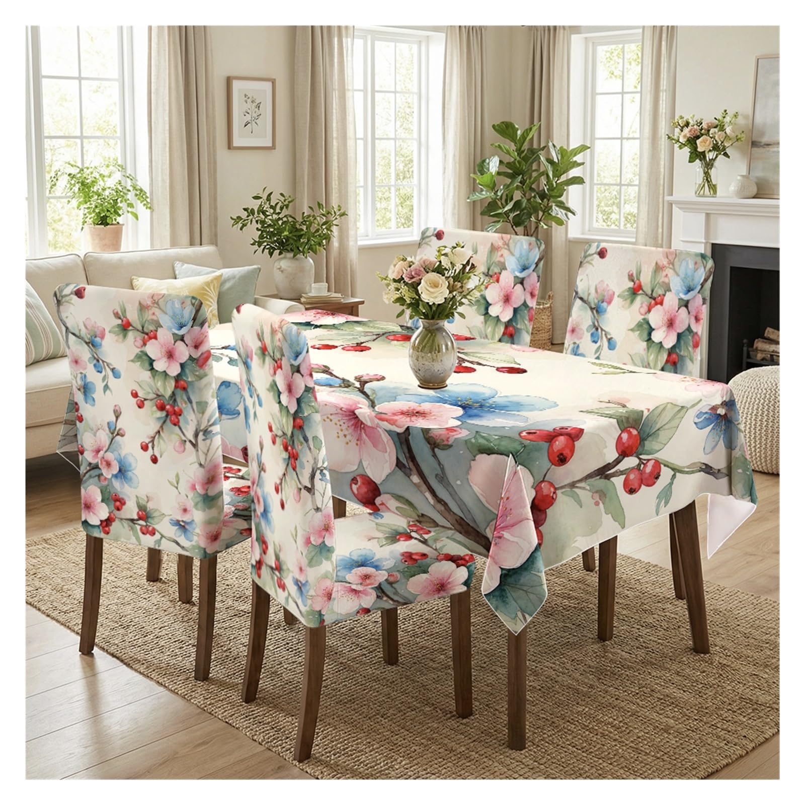 BOSUYBN Watercolor Pink Floral Red Berry Print Dining Tablecloth & Chair Covers Set, 5/7 Piece Romantic Vintage Cottage Dining Decor Table Setting(5pcs Set: Tablecloth+Chair Covers)