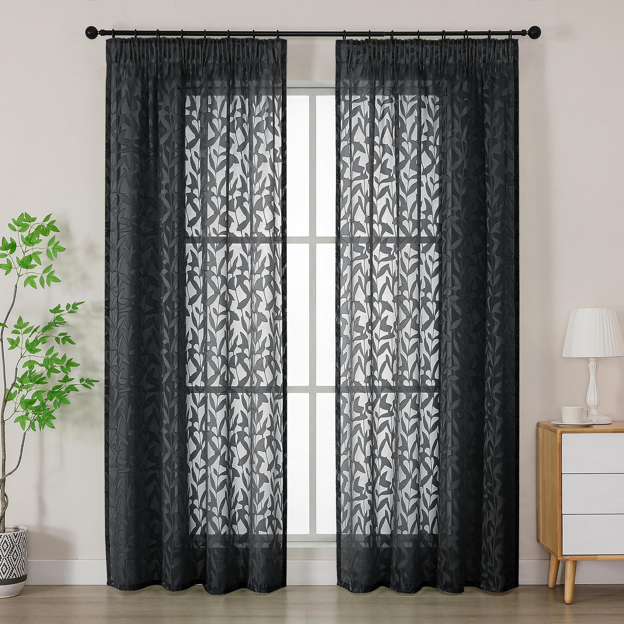 Simplebrand Black Textured Sheer Curtains 2 Panels W140 x L183cm, Leaf Clip Jacquard Voile Curtains, Pencil Pleat Semi-Sheer Floor Length Window Drapes for Living Room Bedroom Home Decor