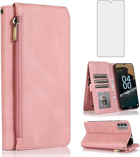 Asuwish Compatible con Nokia G400 5G - Funda tipo cartera de vidrio templado, protector de pantalla y cremallera, de piel retro, soporte para
