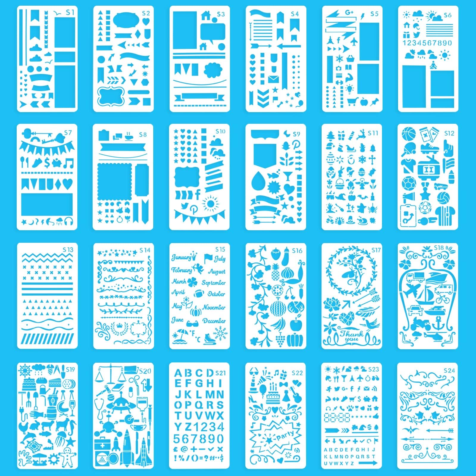Grevosea 24-Piece Journal Stencil Set - Reusable Drawing & Painting Stencils for Scrapbook, Calendars, Art Projects
