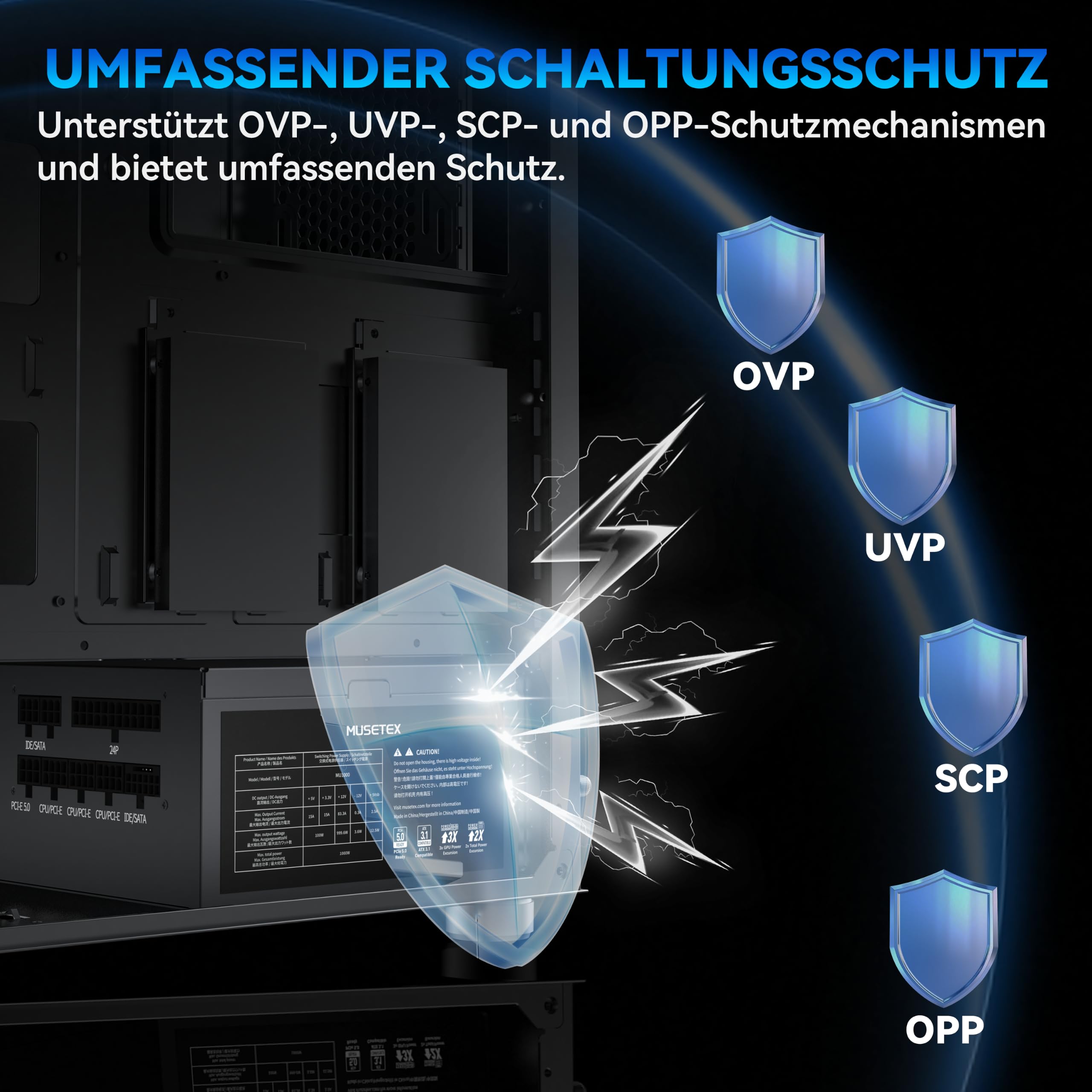 MUSETEX 1000 Watt Netzteil, vollständig modulares ATX-Netzteil mit 12V-2x6-Kabel, ATX 3.1 & PCIe 5.0 Gaming-Netzteil, 105°C-Hauptkondensatoren, leiser 140-mm-Lüfter, Netzteil PC, (Schwarz) (MU1000)