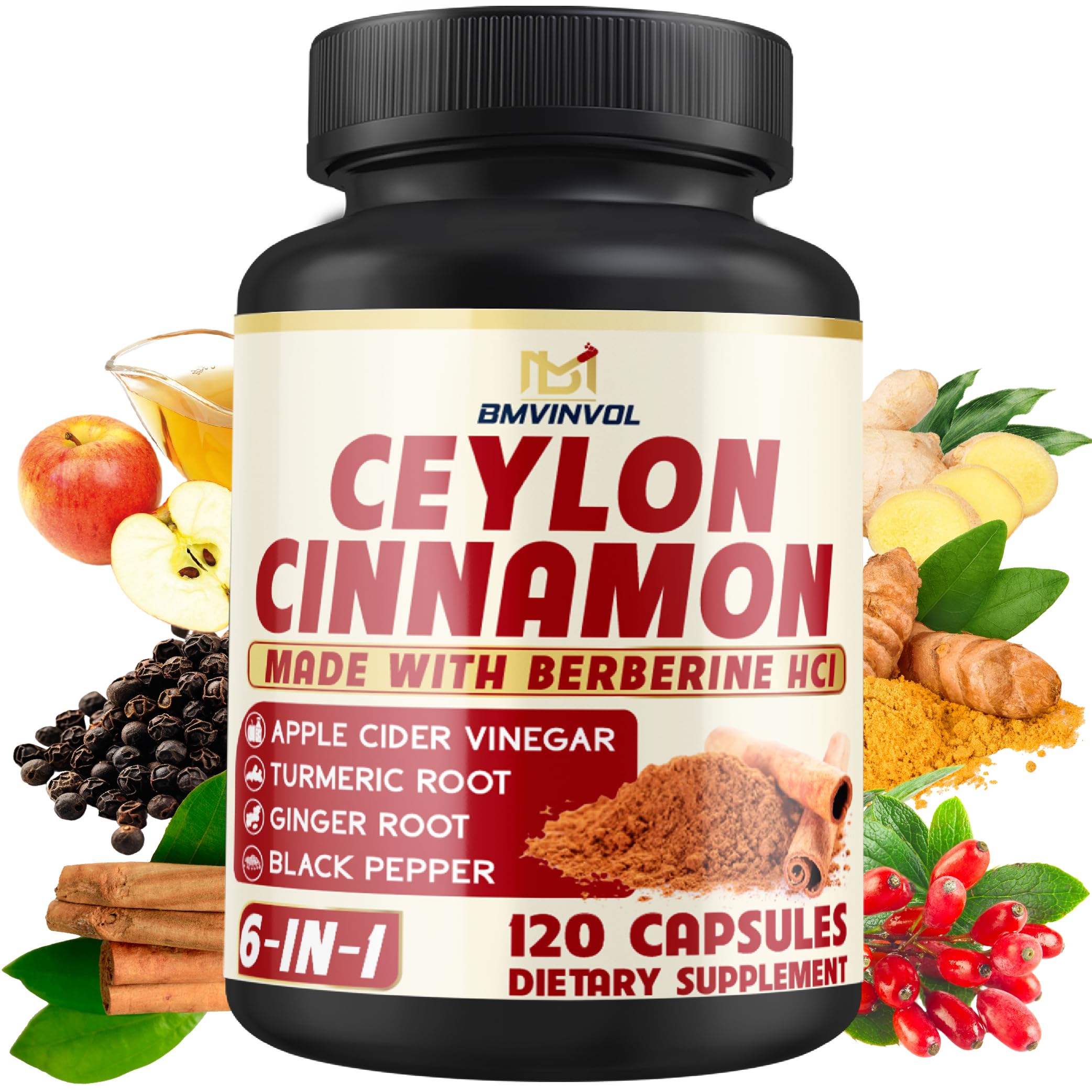 Ceylon Cinnamon Capsules with Berberine HCl, Apple Cider Vinegar, Turmeric, Ginseng, Black Pepper - 120 Count 120 Count (Pack of 1)