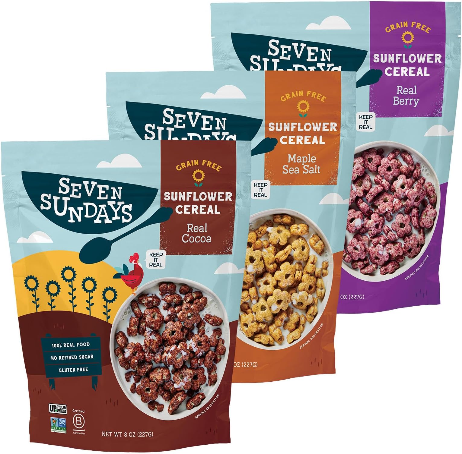 Seven Sundays Sunflower Cereal, Variety Pack, 8 Oz Bag (Pack of 3), Grain & Gluten Free, Upcycled Protein, Maple Sea Salt, Real Berry, Real Cocoa