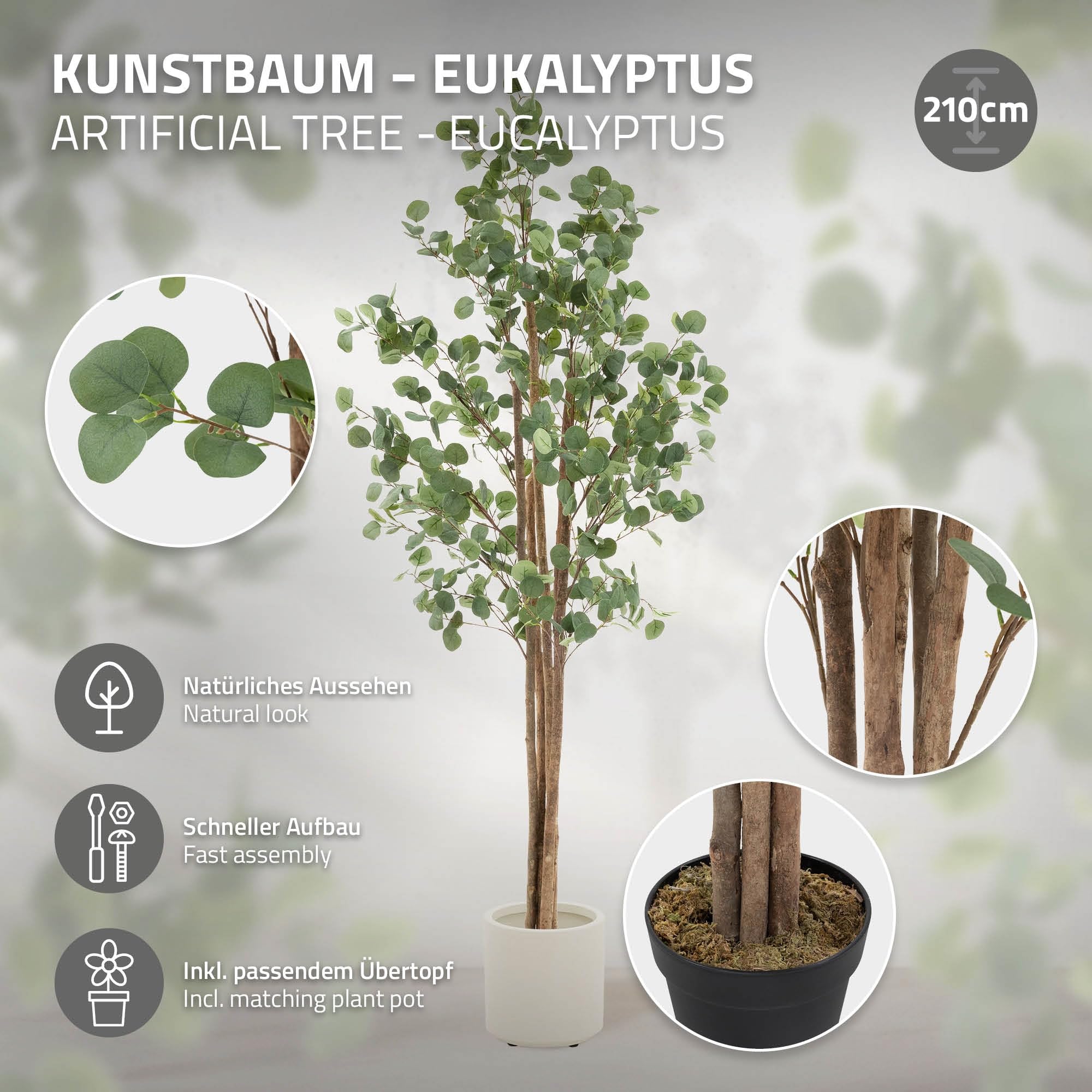 ML-Design sztuczny eukaliptus 210 cm duze rosliny ozdobne z naturalnym drewnianym pniem plastikowe rosliny w doniczce idealna dekoracja do wnetrz i ogrodów realistyczne drzewo do salonu i biura