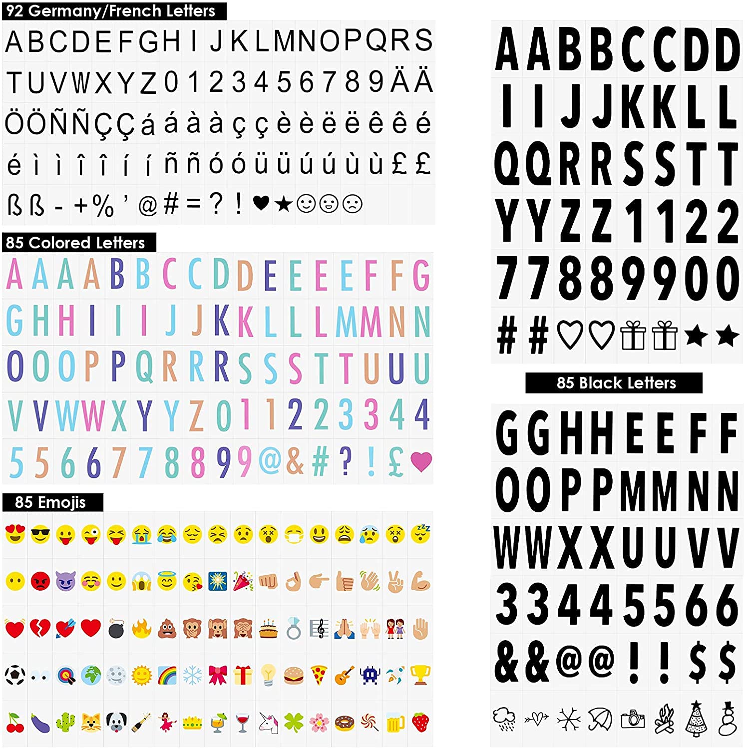 SHYOSUCCE Caja de Luz LED con 16 Cambios de Color, 4 Modos de Flash, 262 Letras y 85 Emojis, Cartel Luminoso A4 para Boda, Aniversario, Cumpleaños, Fiesta, Alimentado pour USB y Batería (Negro)