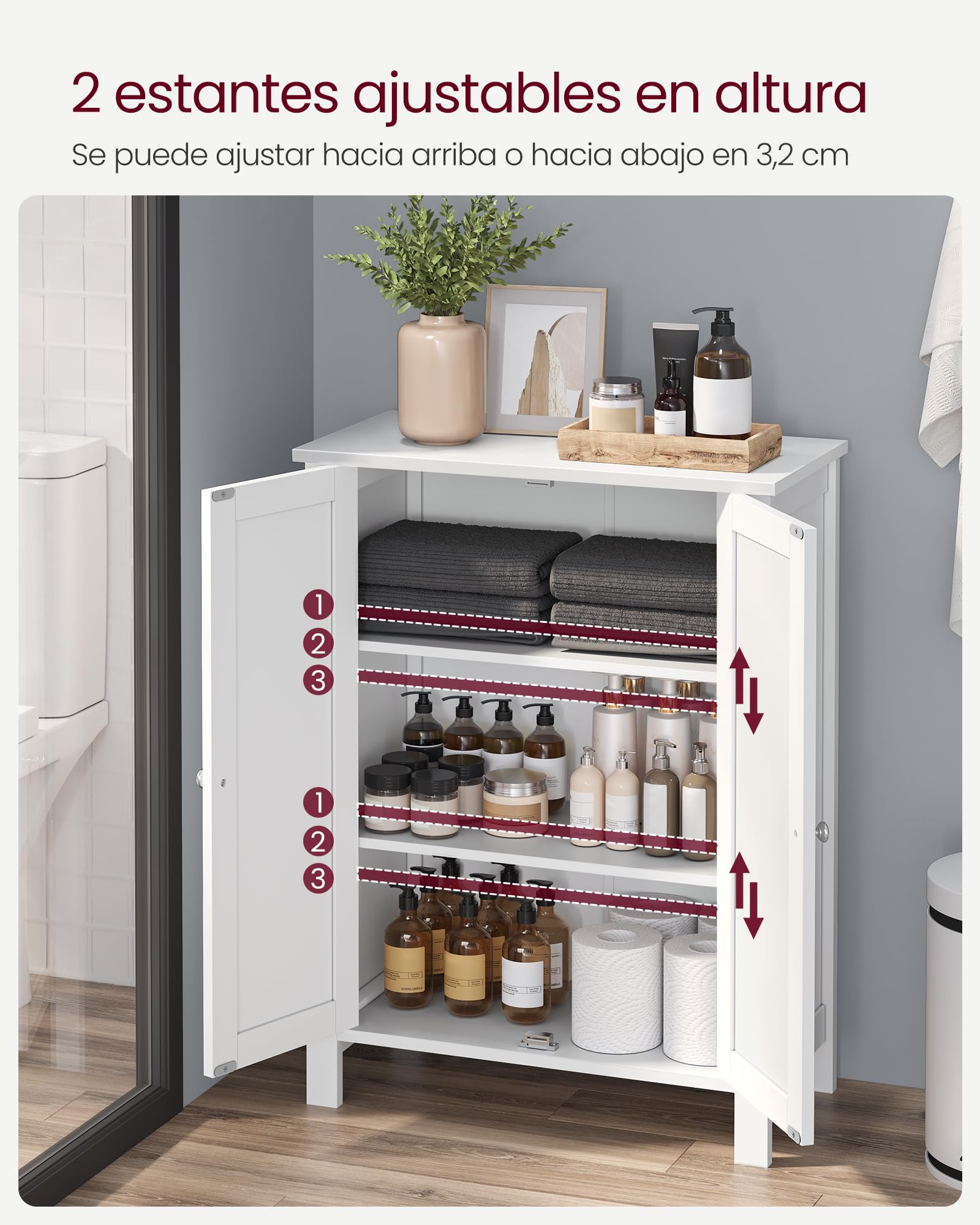 VASAGLE Armario de Baño, Armario de Pie, Gabinete de Almacenamiento para Baño, con 2 Estantes Ajustables, 30 x 60 x 80 cm, Blanco BCB60W
