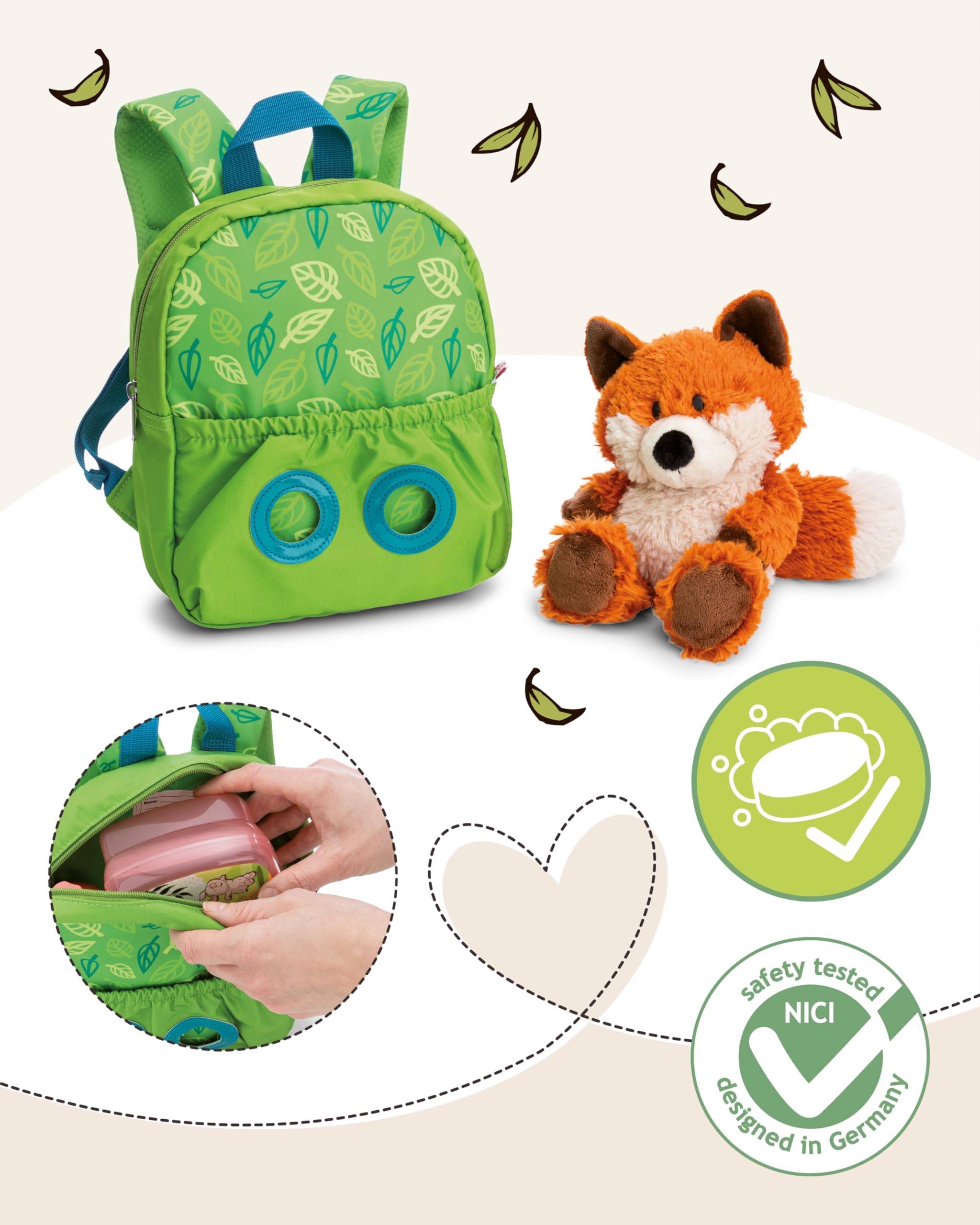 NICI Rucksack mit Plüschtier 21x26cm Fuchs 25cm - grün - Abnehmbarer Pluschspielzeug Weich Flauschig- Kindergartenrucksack mit Kuscheltier für 2-5 Jährige Jungen und Mädchen - 62692
