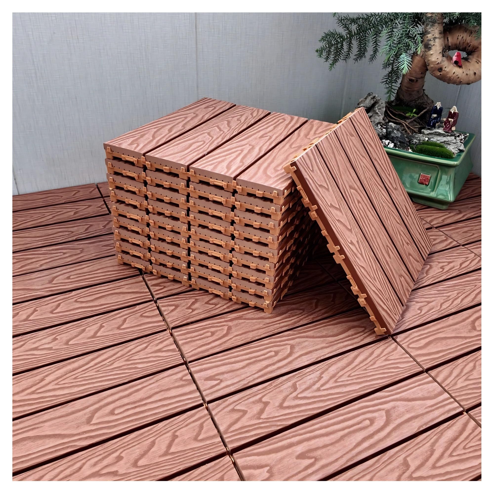 Coolpleasant 11 Pcs Composite Wood Patio Deck Tiles, Interlocking Flooring