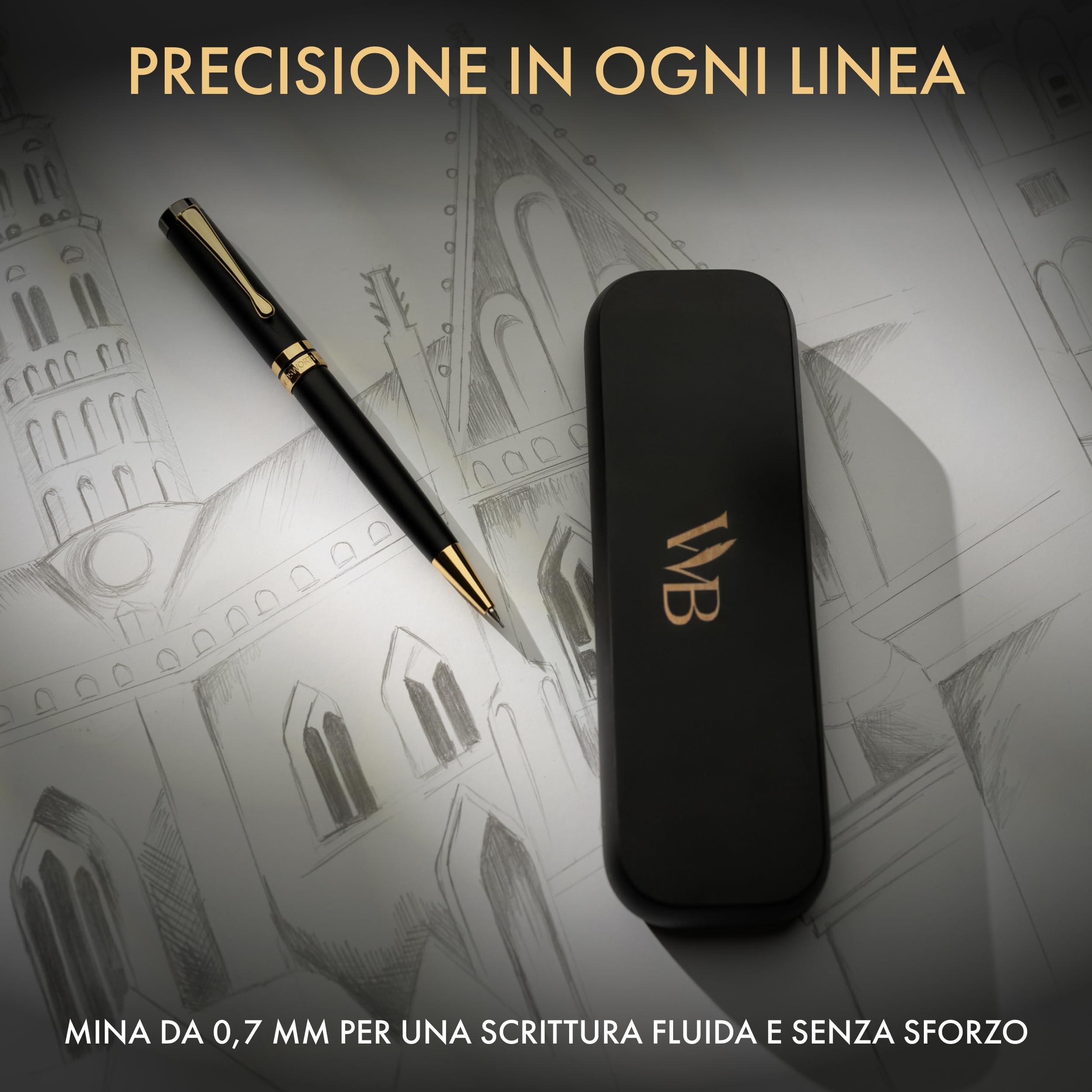 Wordsworth & Black Set Matita a Scatto Bambù 0,7mm – Meccanismo Rotazione – Scrittura e Disegno Professionale – 20 Mine HB, Confezione Regalo [Legno Nero]