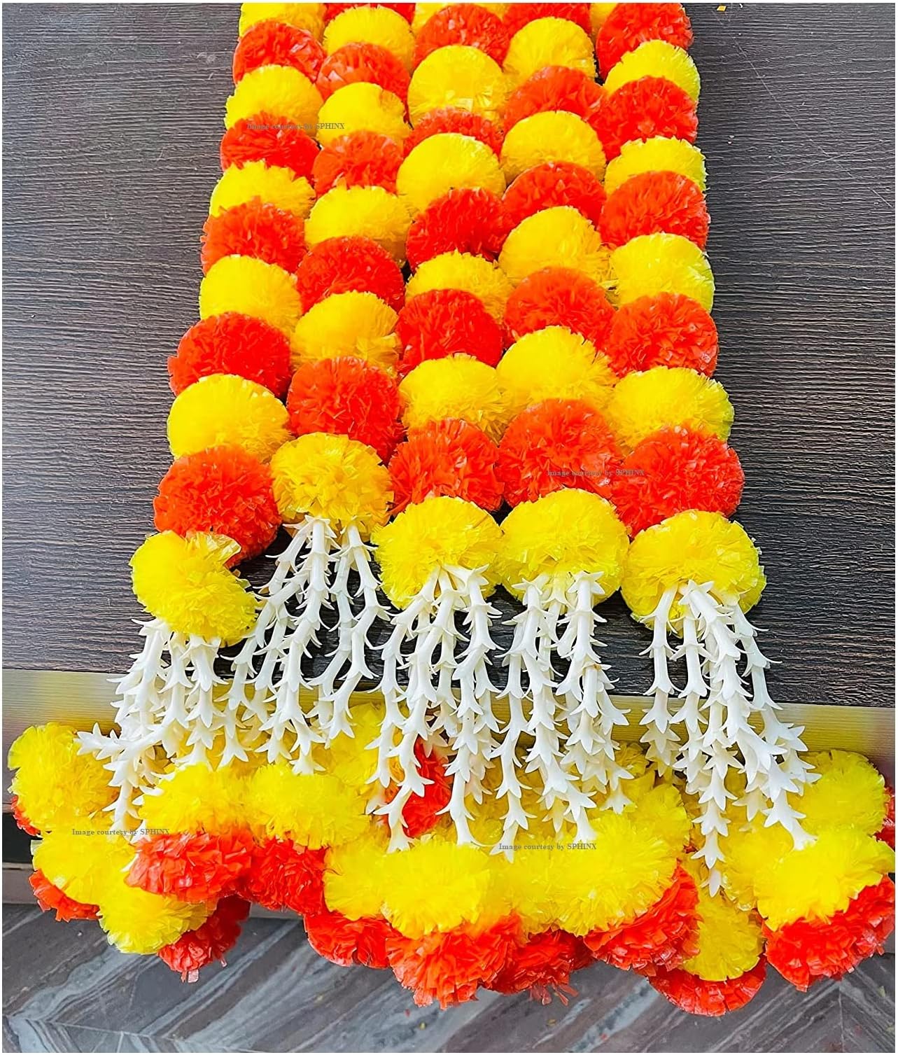 SPHINX Artificial Marigold Fluffy Flowers Garlands for Festive Pooja Wedding Housewarming Diwali Decorations Festival Events Home Table Bedroom Pooja Room (Clustered Yellow and Orange Marigolds 5 pcs)