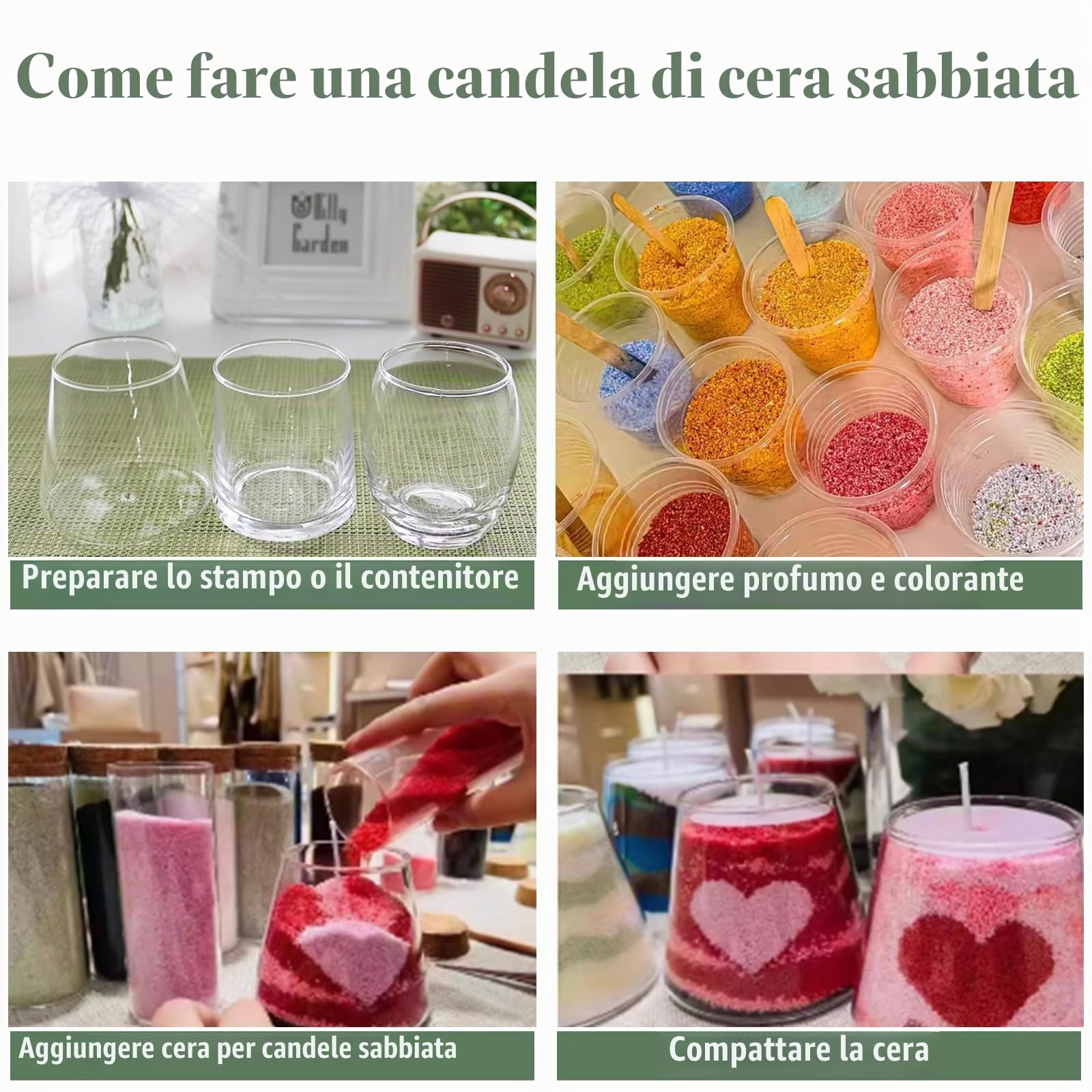 Cera di Sabbia Colorata con Stoppini 6 Colori Sabbia di Cera Perlata per Candele - 900g