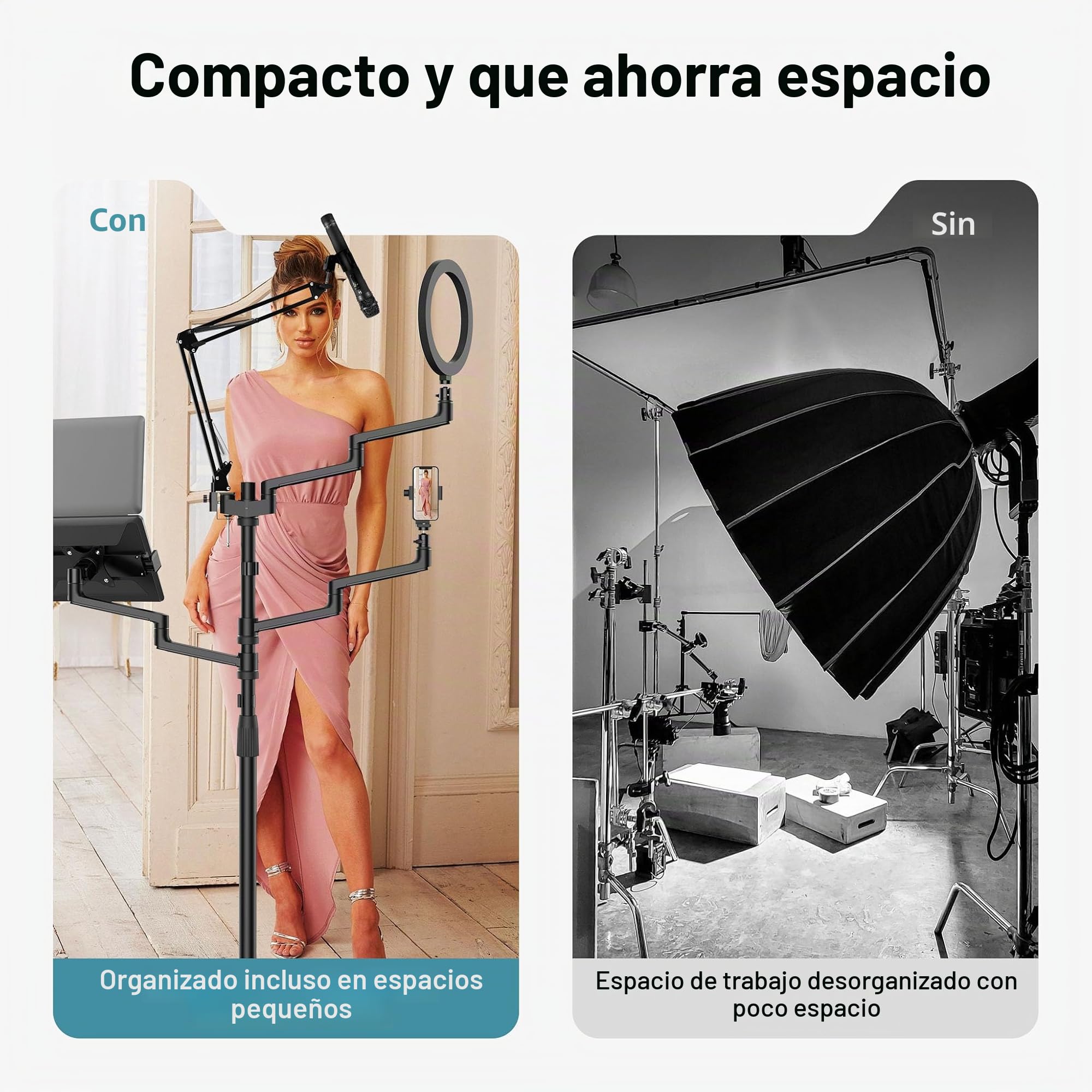 WilTec Soporte de Streaming 4 en 1 99,6x15,2 x143 cm Base con Ruedas 1 Brazo de micrófono 3 Brazos articulados para cámara, Anillo de luz y Monitor/Ordenador Base de Broadcast