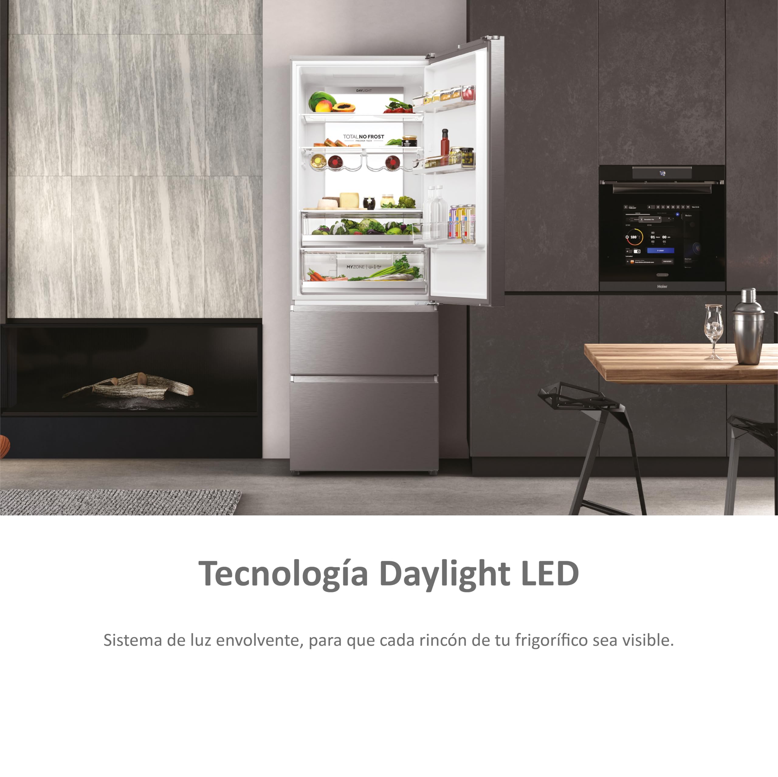 Haier HTW7720ENMP Kühl-Gefrier-Kombination/Edelstahlfront / 483 Liter/MyZone Plus/Humidity Zone/Smart Home: Integriertes Wi-Fi/Auch per hOn App steuerbar