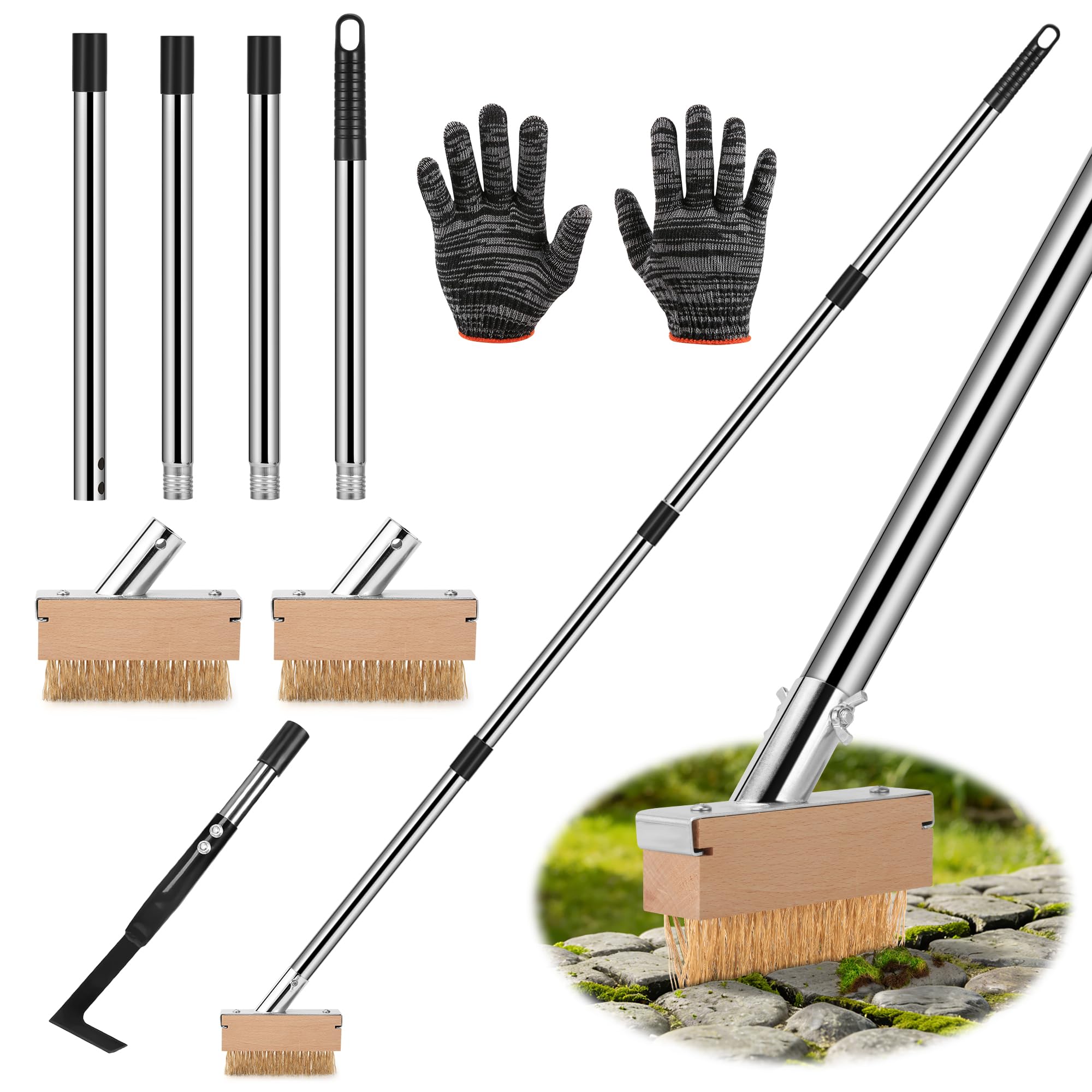 GREELIX Patio Weed Remover Tool with Long Handle, Weed Scraper and 2x Weed Brush Set for Patio & Block Paving, Weed Remover Tool for Garden, Patio, Driveway, Garden Tools for Weeding, Moss Removing