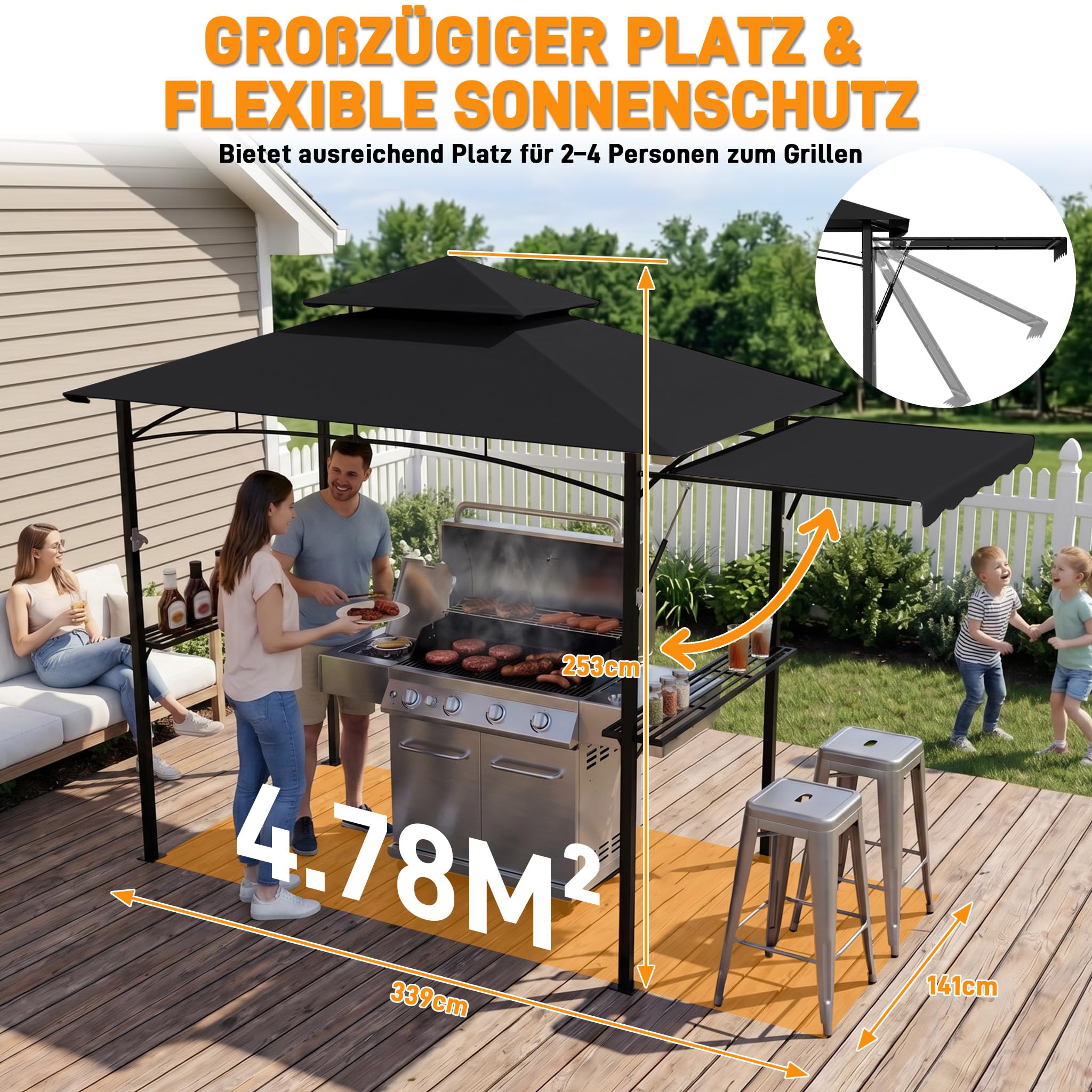 Tonnelle pour barbecue noire avec double toit et store latéral escamotable, 245x141 cm - Tonnelle pour barbecue avec cadre en métal et étagères pratiques, abris de jardin résistants aux