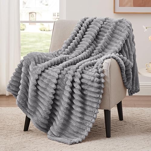 EXQ Home Fleece Throw Blanket for Couch or Bed - 3D Stripe Jacquard Decorative Blankets - Cozy Soft Lightweight Fuzzy Flannel Blanket Suitable for All Seasons(50"×60",Light Grey)
