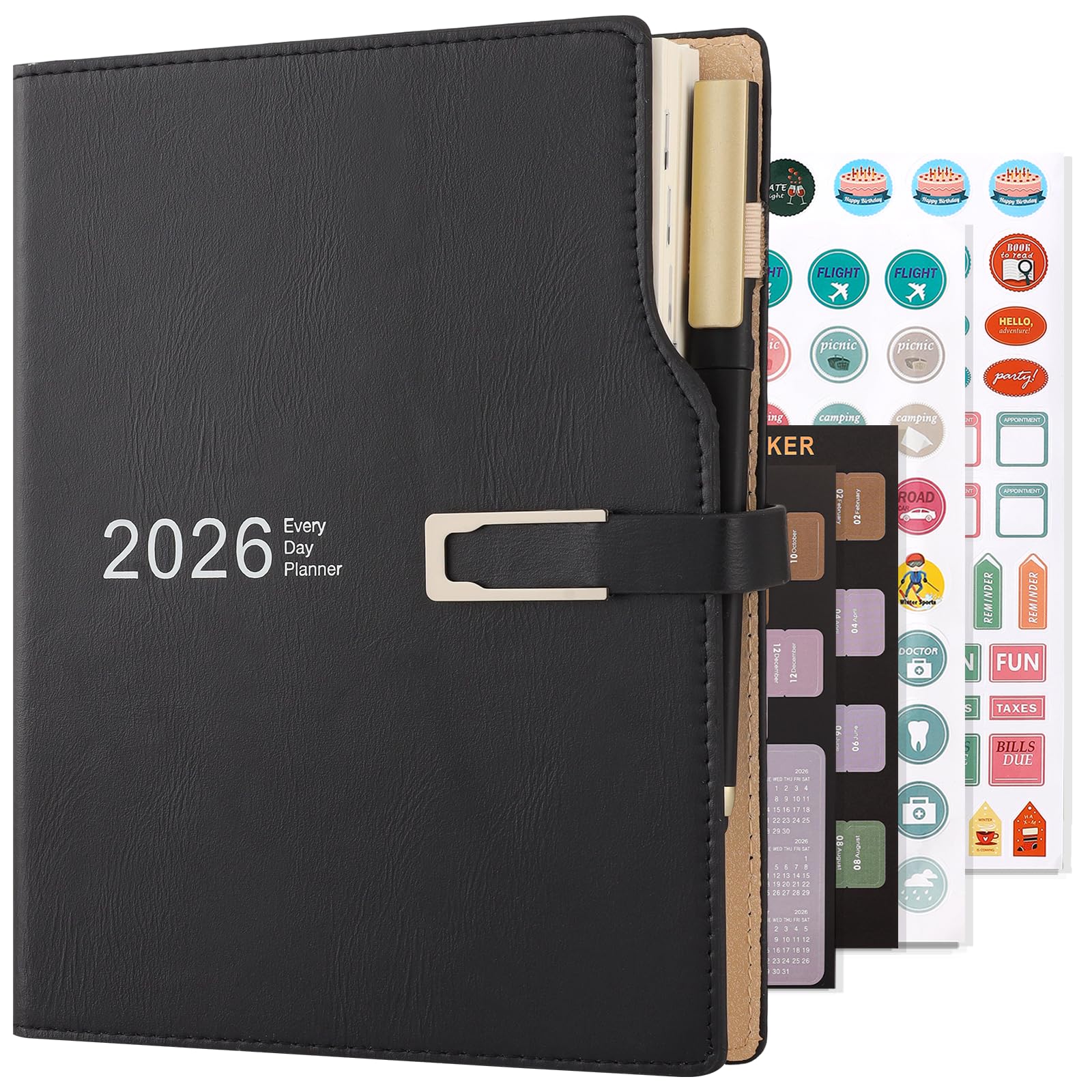 Academic Diary 2026 A5 Day to Page,Schedule Organizer with Calendar Stickers, Agenda Diary Planner with Pen Holder and Pen,Premium Thicker Paper 14 X 21.5 cm (Black)