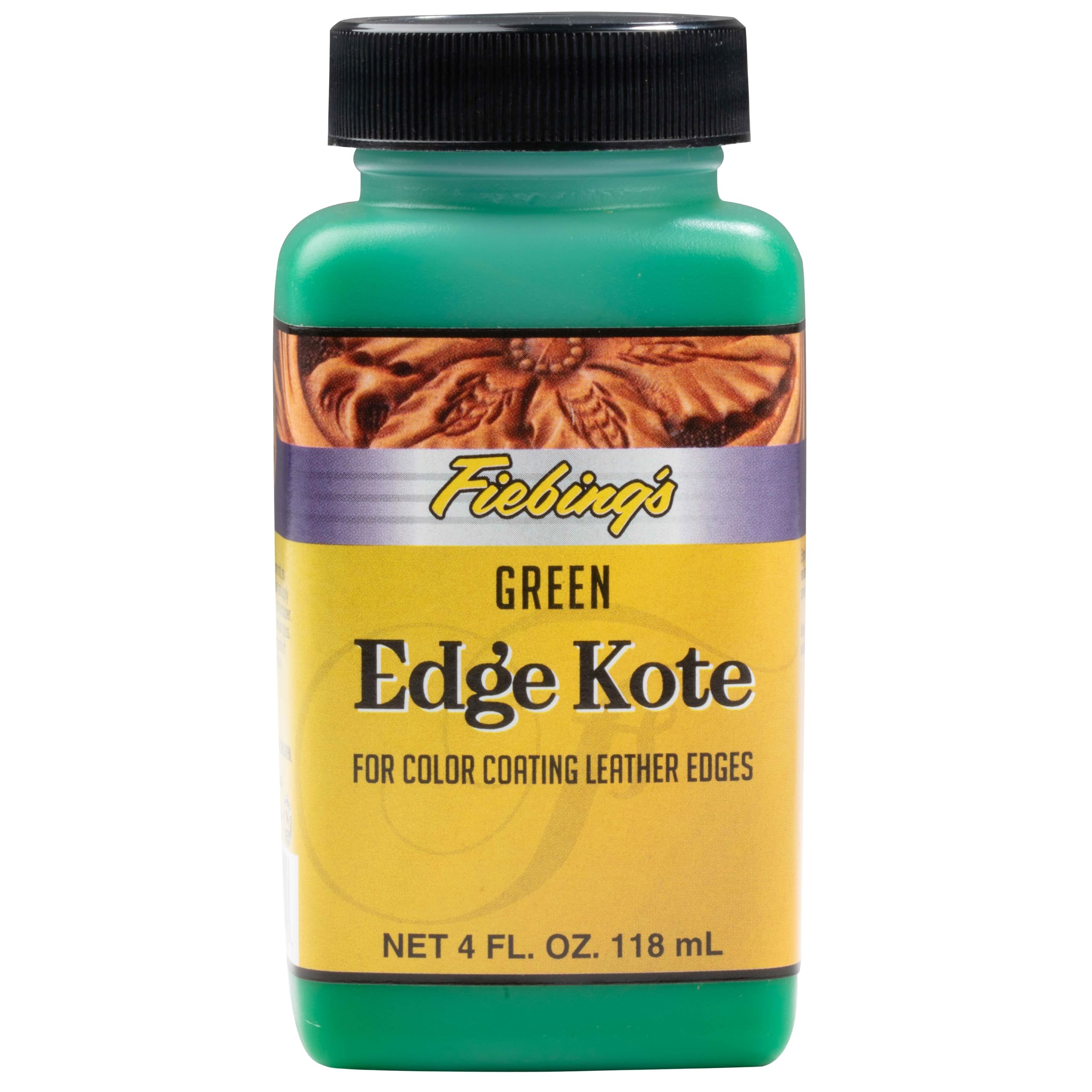 Fiebing's Edge Kote (4oz, Green) - Leather Edge Paint for Shoes, Furniture, Purses, Couches, Belts - Flexible, Water Resistant, Semi Gloss Color Coating Leather Dye to Protect Natural Edges