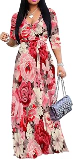 Women's Plus Size Maxi Dresses 3/4 Sleeves Bohemian Long Dress Printed Swing Dress with Belt