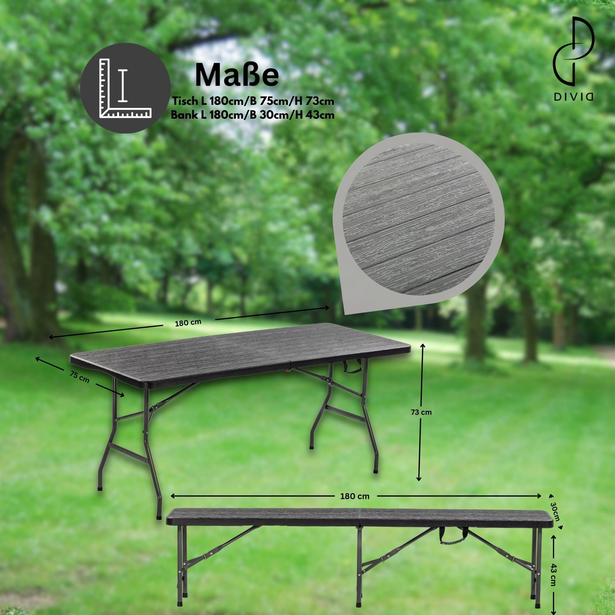 DIVID® Bierzeltgarnitur 3-teilges Set|Tisch + 2 Bänke|Für drinnen und draußen|klappbar mit Tragegriffe|HxBxT: 73x180x75cm|Gartentisch (DIV-200/WOOD Set)