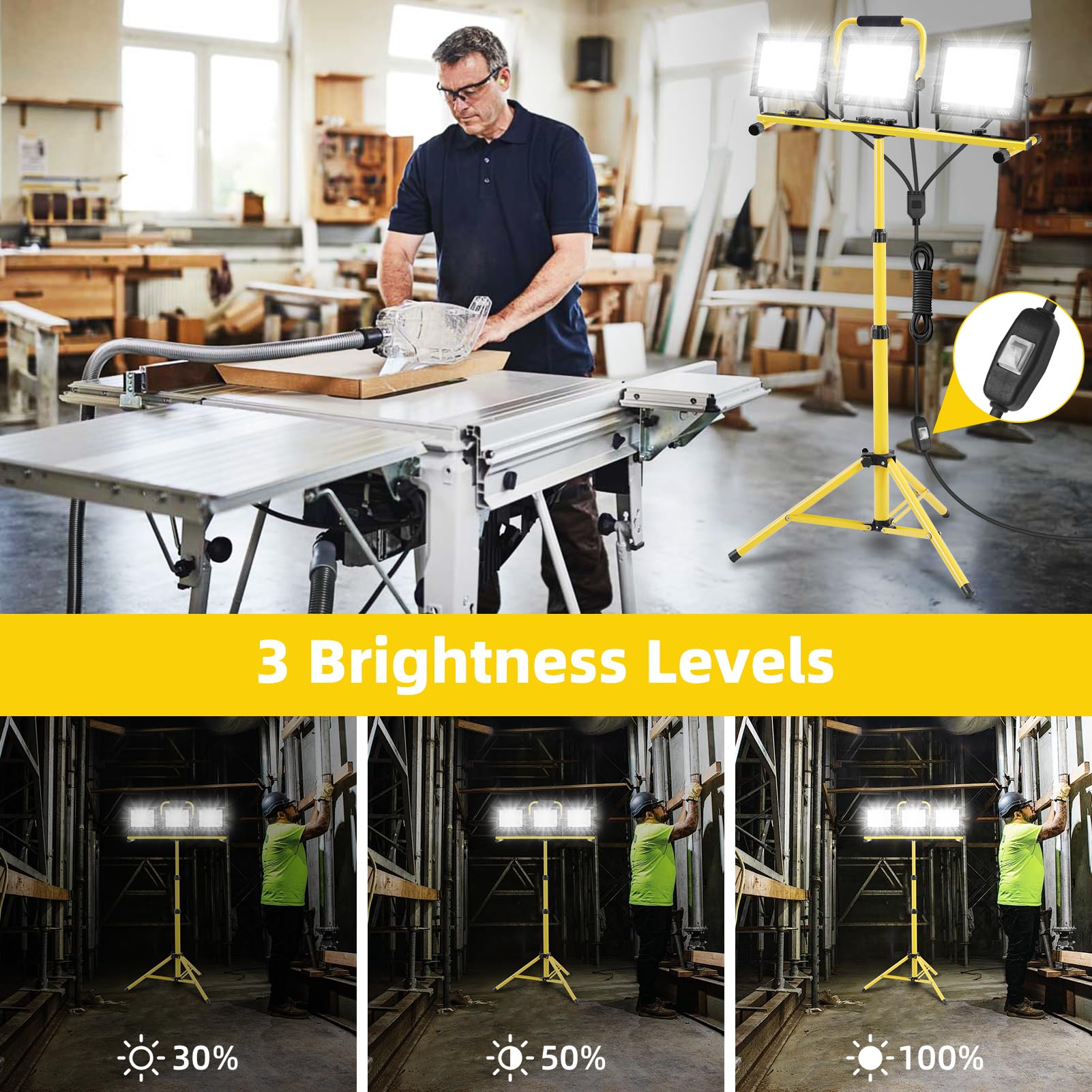 papasbox 300W LED Baustrahler mit Stativ Stecker und Schalter | Baustellenlampe 6500K Kaltweiß Baustellenstrahler | IP66 Wasserdicht Arbeitsleuchte 300W 150W 90W Baulampe für Werkstatt Baustelle