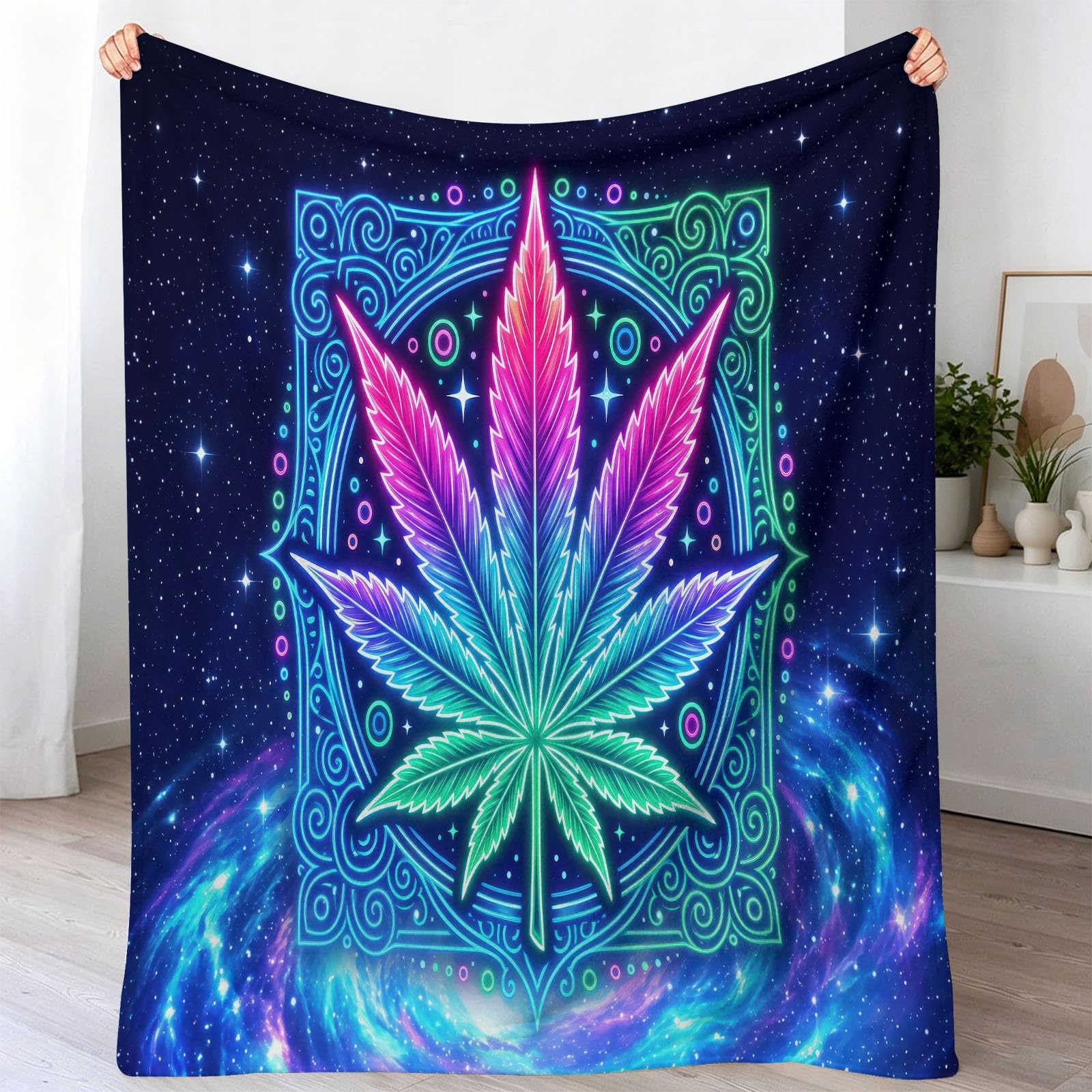 Generisch Manta de 180 x 200 cm, manta de franela suave psicodélica, manta de forro polar, diseño de hojas, niebla, estrellas, manta de sofá, para cama, sofá, dormitorio