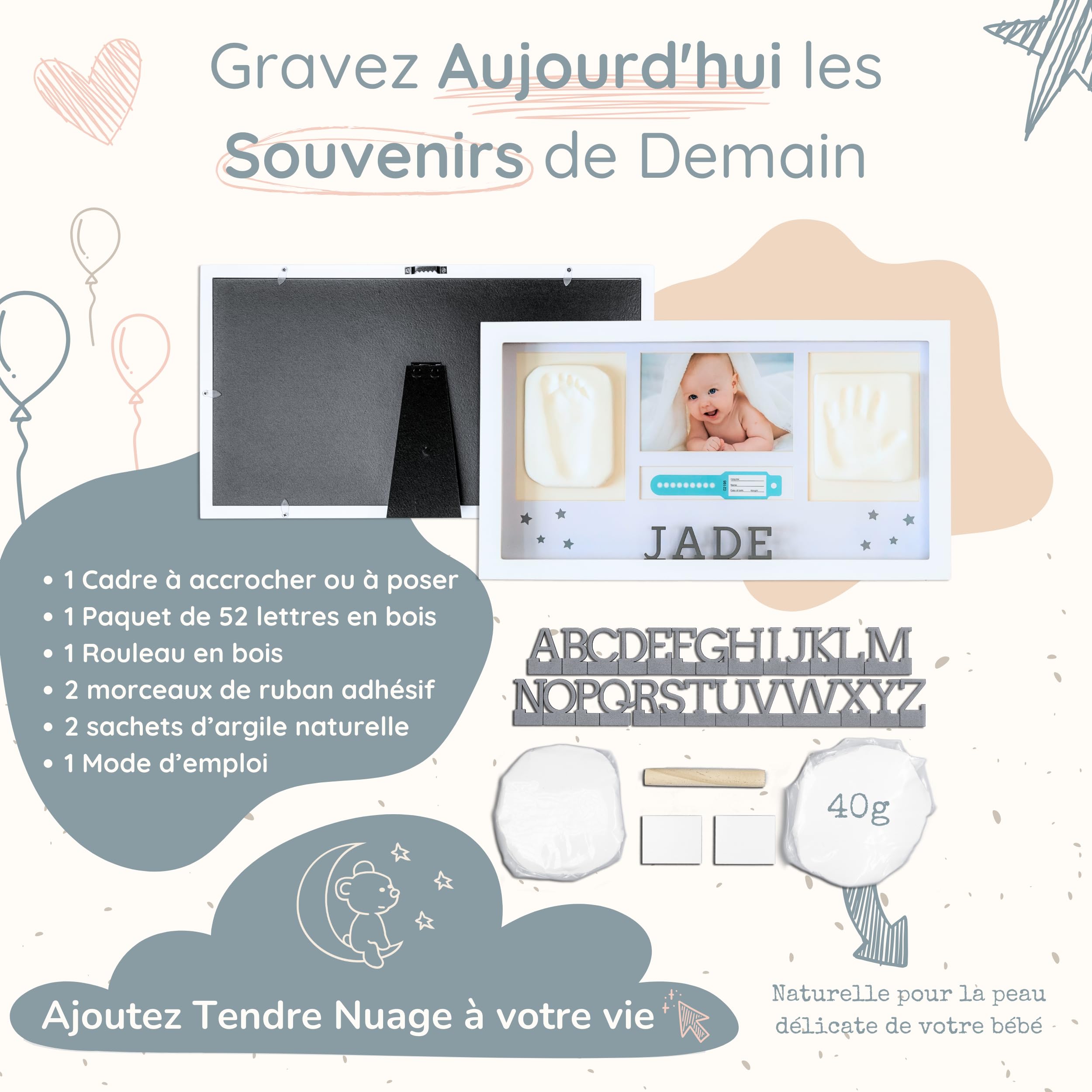 Kit Empreinte Main Pied Bébé Moulage Argile Cadre Photo OFFERT Cadeau Naissance Original Personnalisé