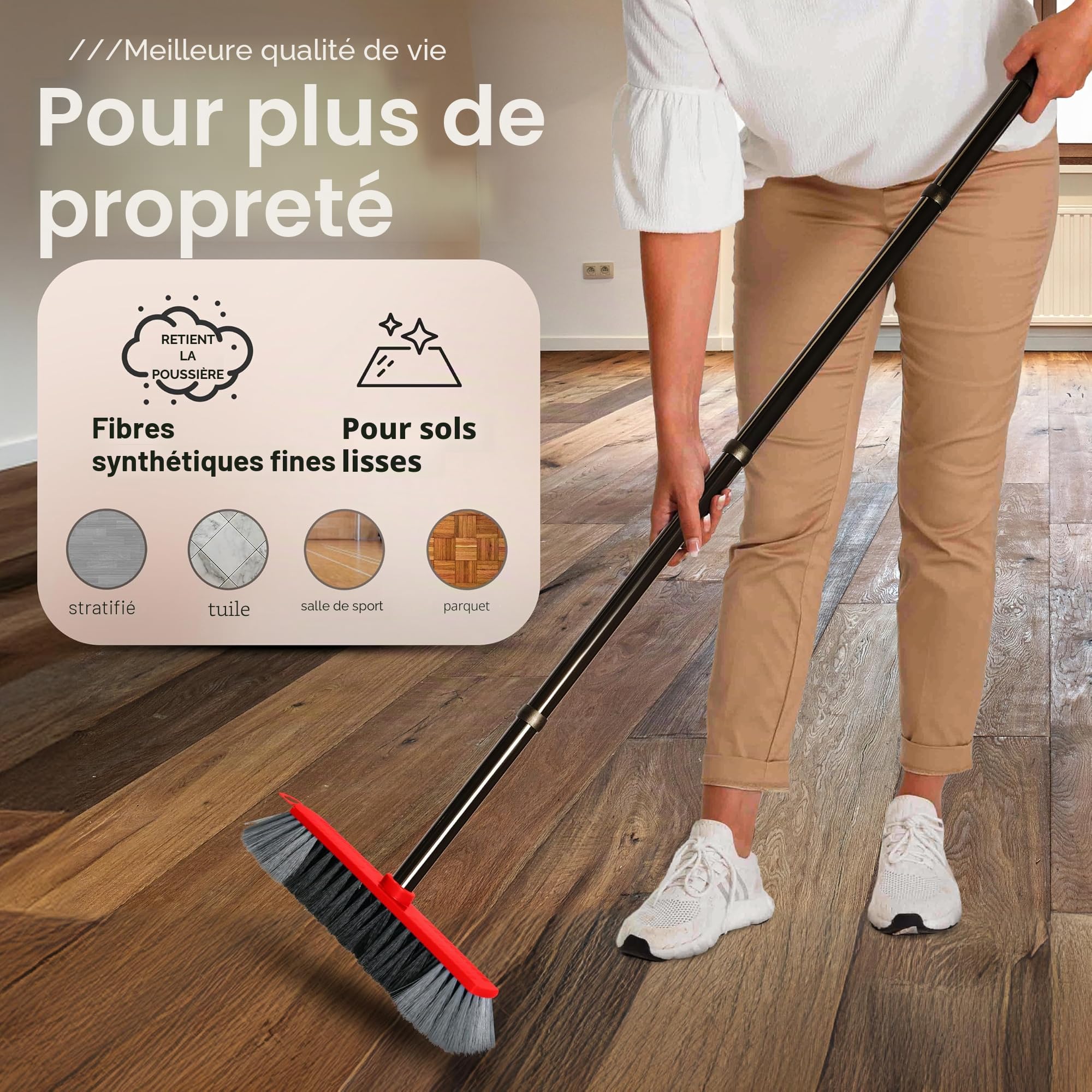 Novaliv Lot de 2 balais d'intérieur en plastique de 30 cm - Poils synthétiques fins - Rouge - Manche enfichable - Filetage - Pour manche de balai de 22 mm